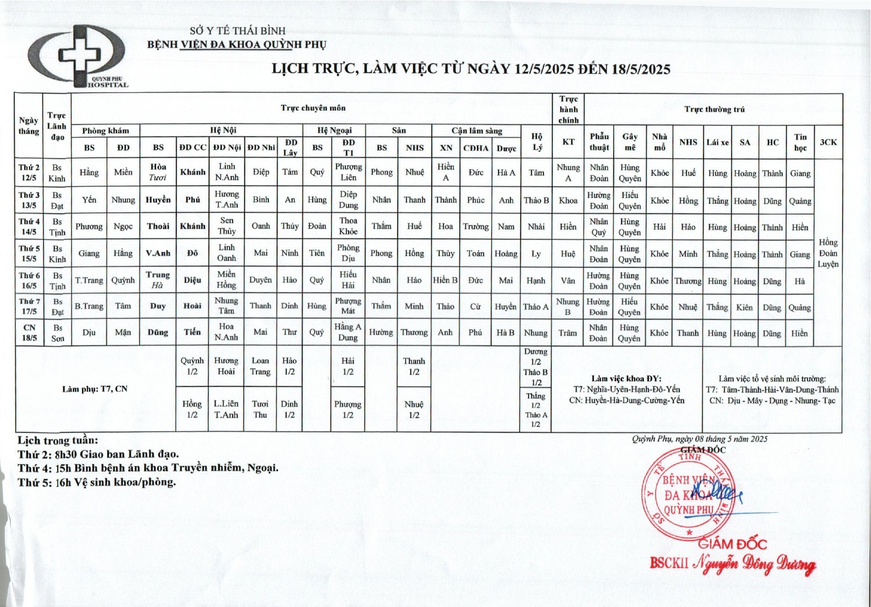 LỊCH TRỰC, LÀM VIỆC TỪ NGÀY 12/5/2025 ĐẾN 18/5/2025