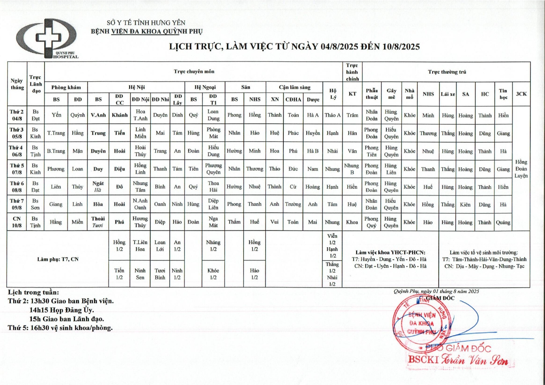 LỊCH TRỰC, LÀM VIỆC TỪ NGÀY 04/8/2025 ĐẾN 10/8/2025