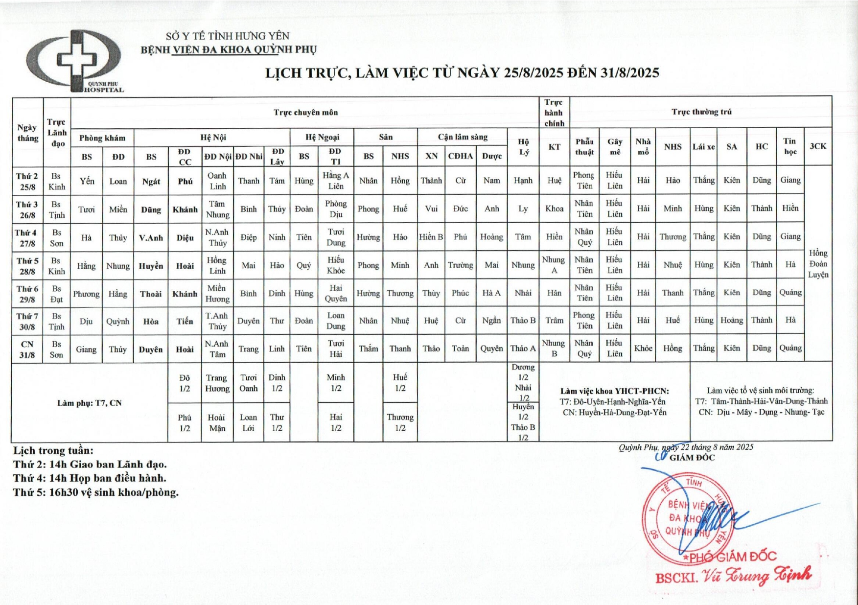 LỊCH TRỰC, LÀM VIỆC TỪ NGÀY 25/8/2025 ĐẾN 31/8/2025