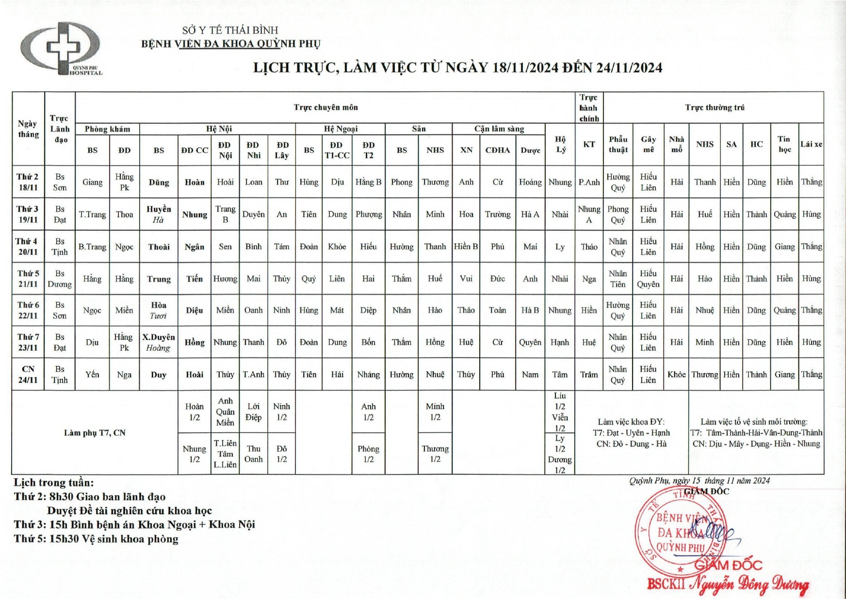 LỊCH TRỰC, LÀM VIỆC TỪ NGÀY 18/11/2024 ĐẾN NGÀY 24/11/2024