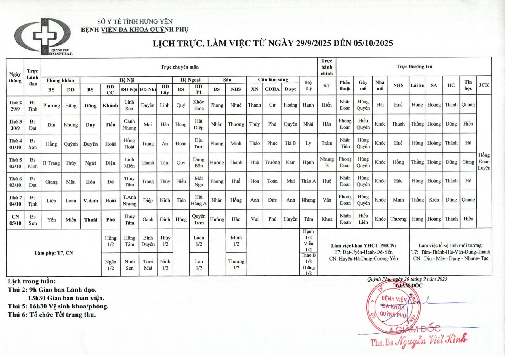 LỊCH TRỰC, LÀM VIỆC TỪ NGÀY 29/9/2025 ĐẾN 05/10/2025