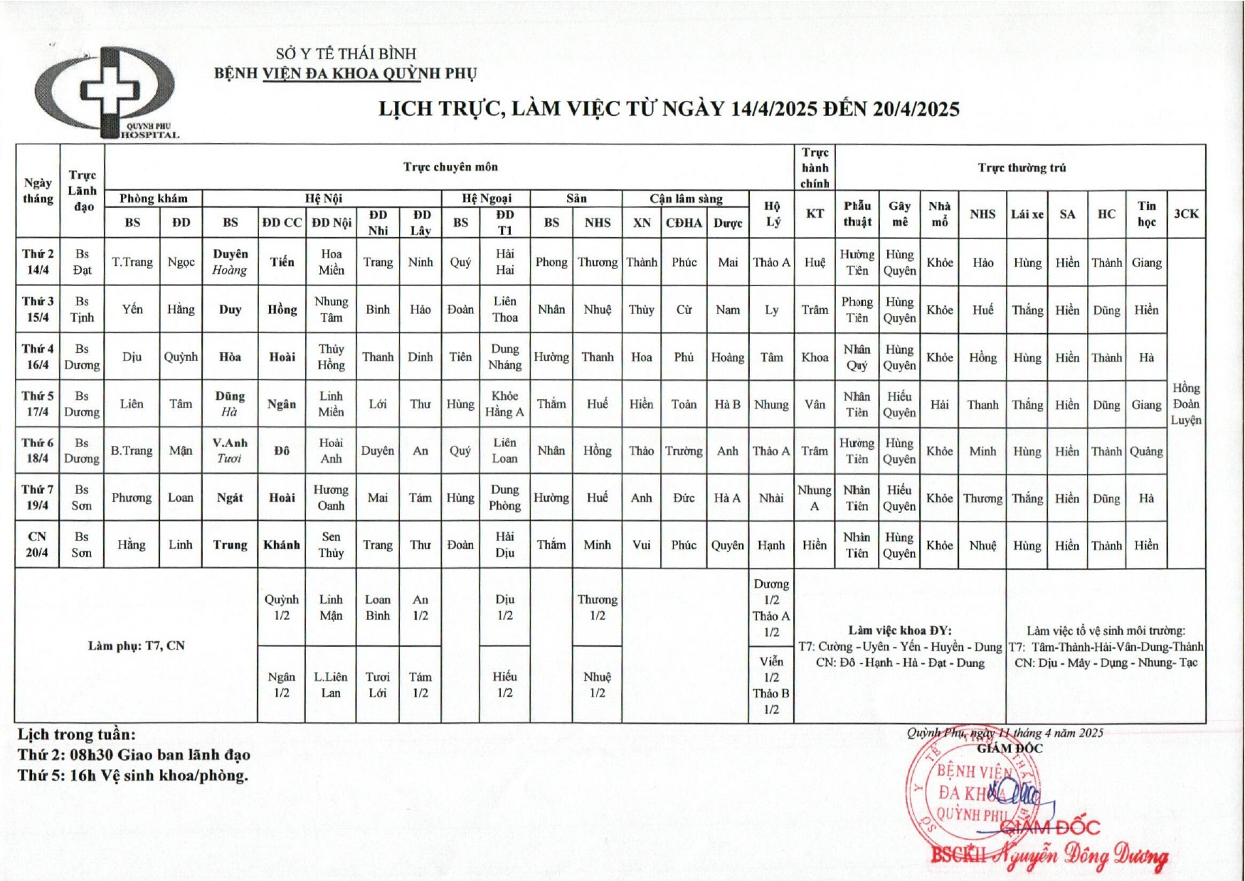 LỊCH TRỰC, LÀM VIỆC TỪ NGÀY 14/4/2025 ĐẾN 20/4/2025