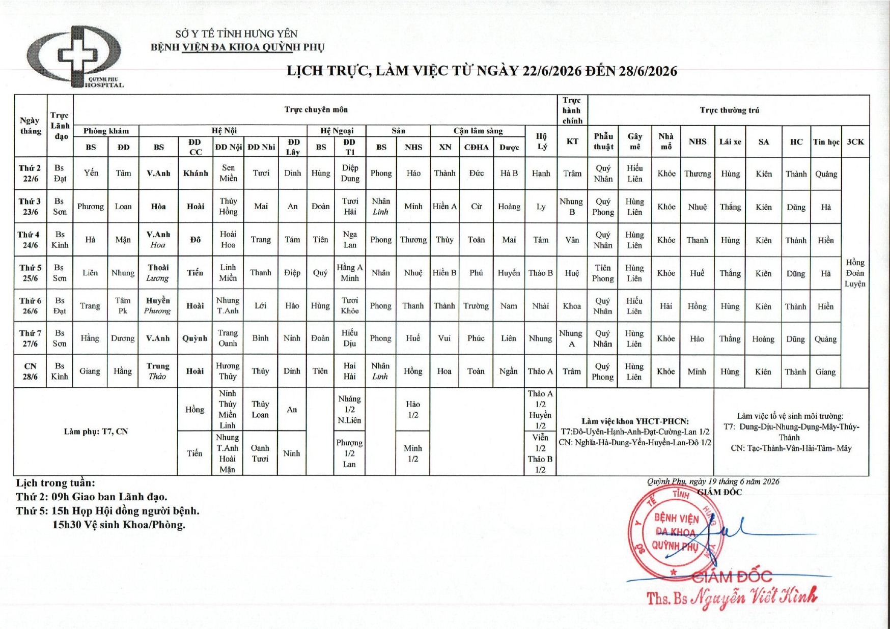 LỊCH TRỰC, LÀM VIỆC TỪ NGÀY 22/06/2026 ĐẾN 28/06/2026