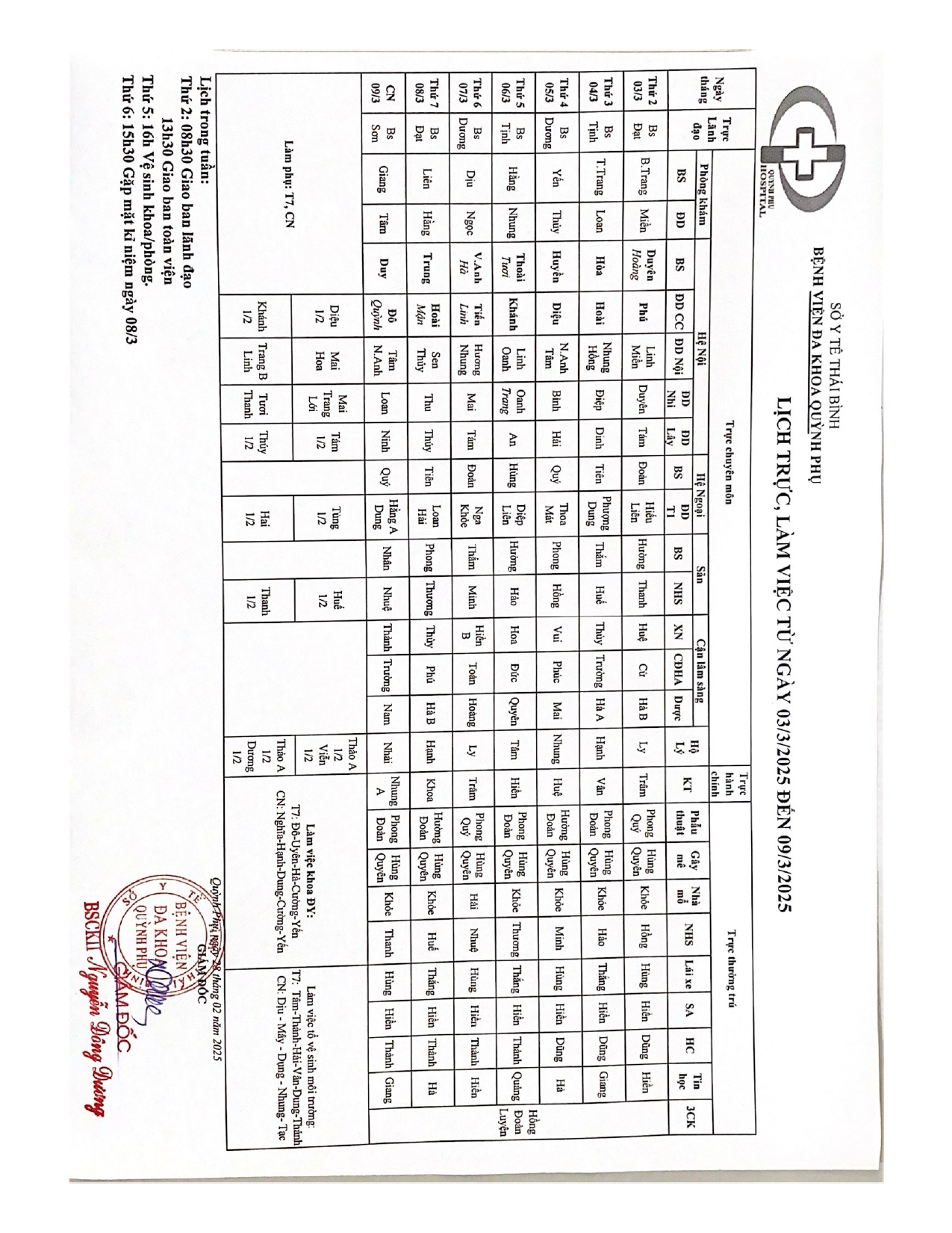 LỊCH TRỰC, LÀM VIỆC TỪ NGÀY 03/3/2025 ĐẾN 09/3/2025