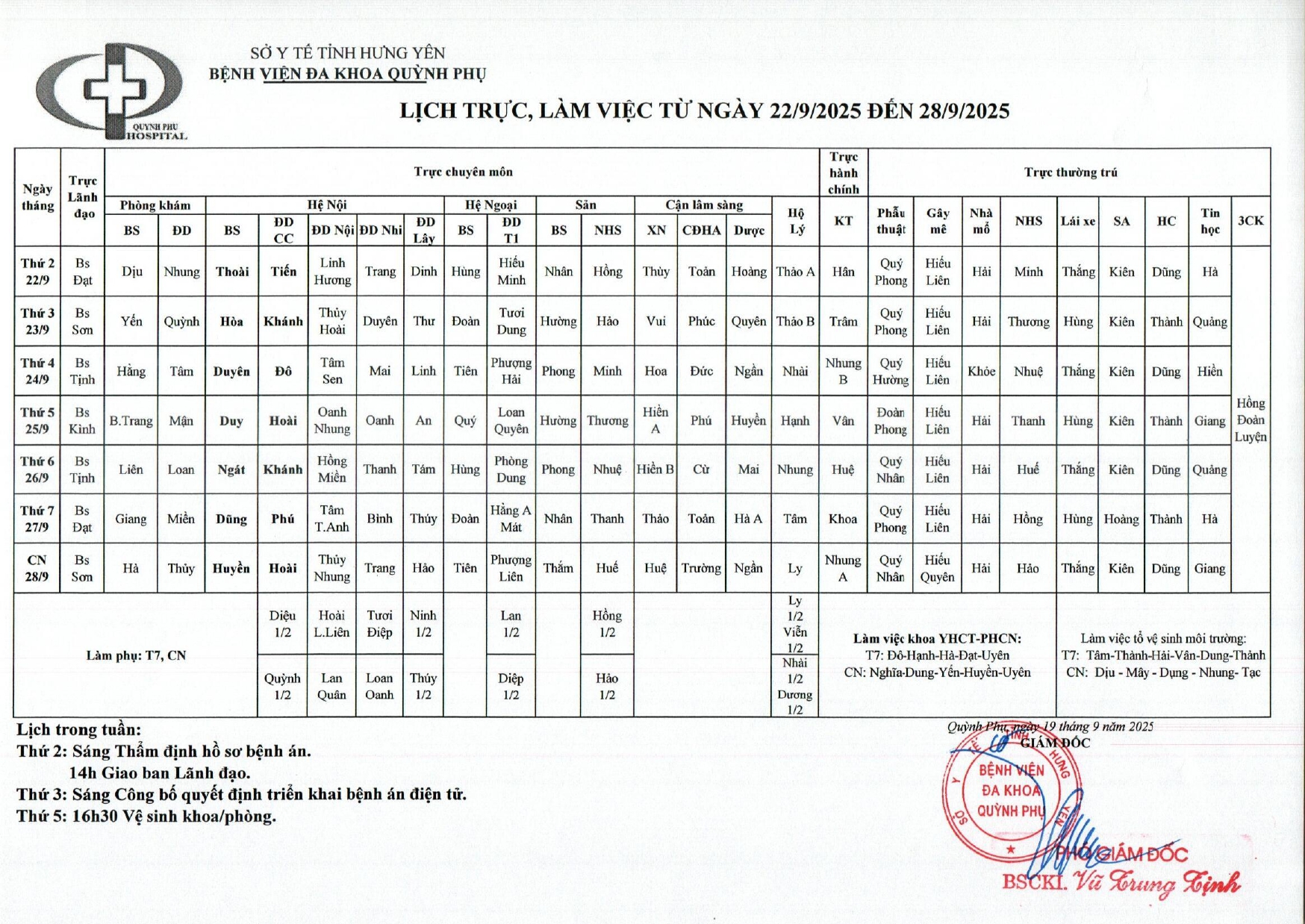 LỊCH TRỰC, LÀM VIỆC TỪ NGÀY 22/9/2025 ĐẾN 28/9/2025