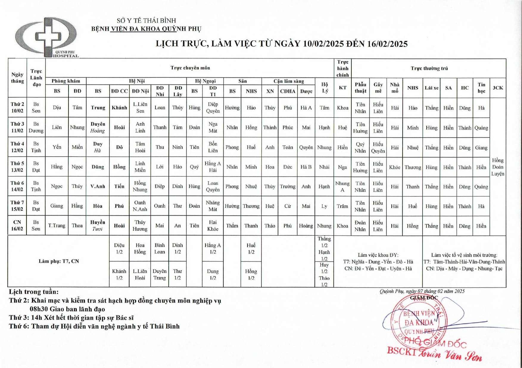 LỊCH TRỰC, LÀM VIỆC TỪ NGÀY 10/02/2025 ĐẾN 16/02/2025