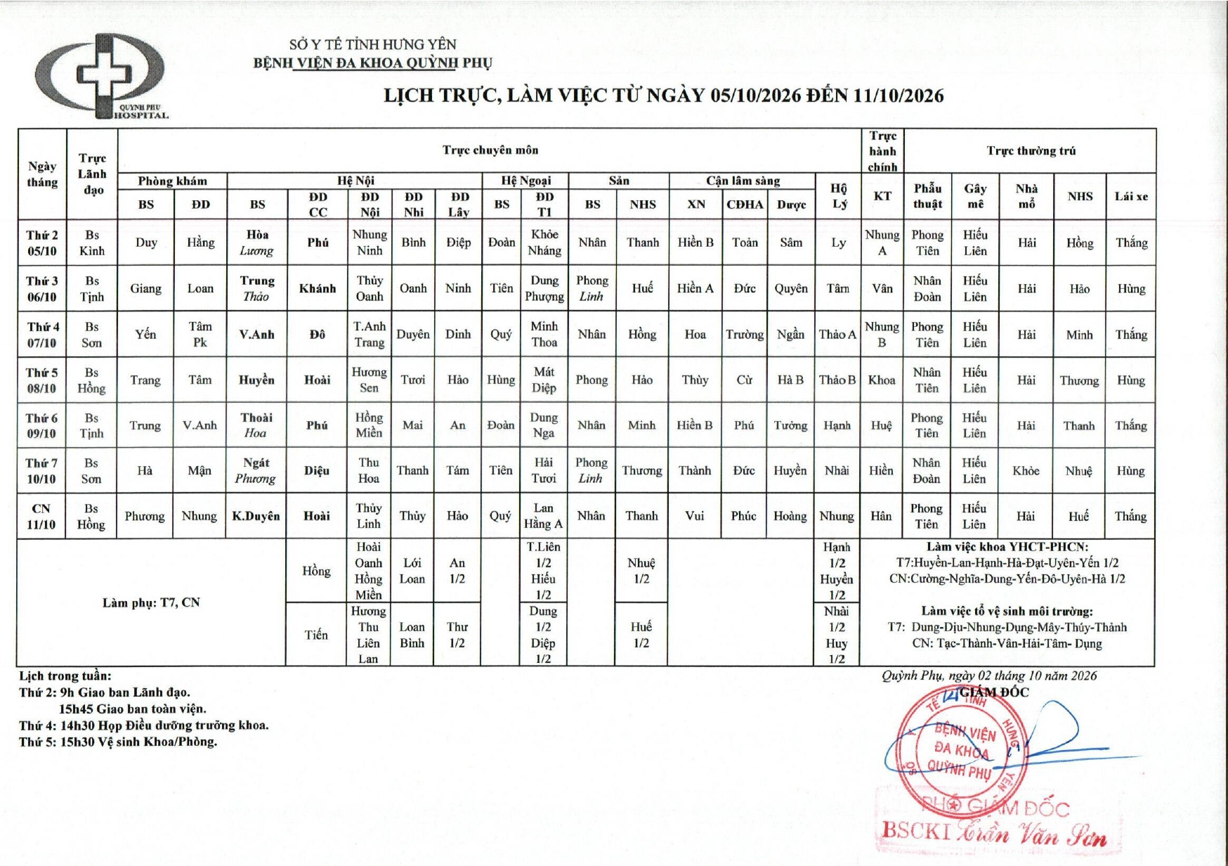 LỊCH TRỰC, LÀM VIỆC TỪ NGÀY 05/10/2026 ĐẾN 11/10/2026