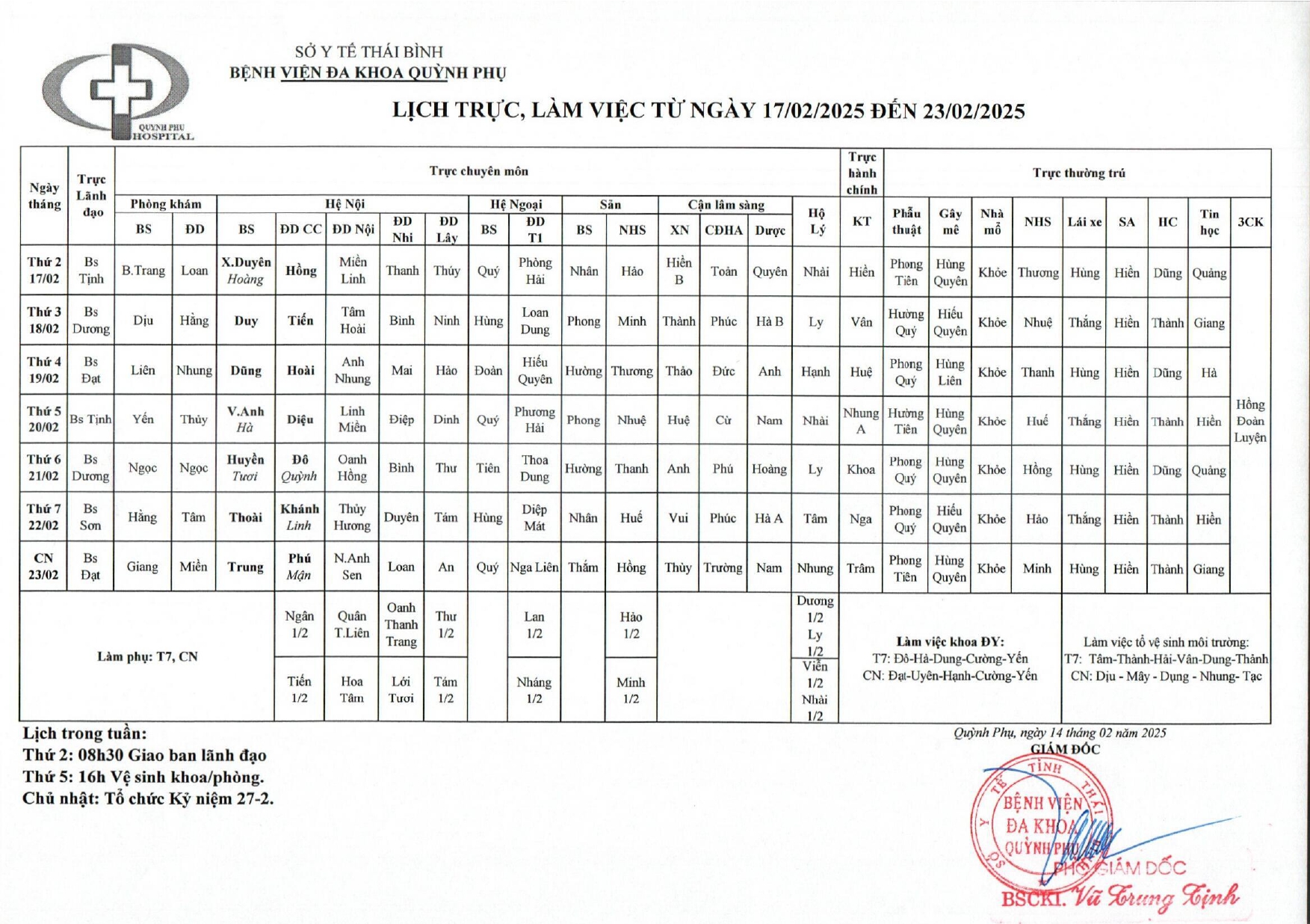 LỊCH TRỰC, LÀM VIỆC TỪ NGÀY 17/02/2025 ĐẾN 23/02/2025