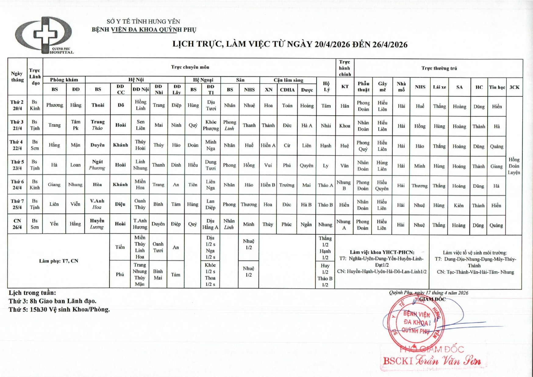 LỊCH TRỰC, LÀM VIỆC TỪ NGÀY 20/04/2026 ĐẾN 26/04/2026