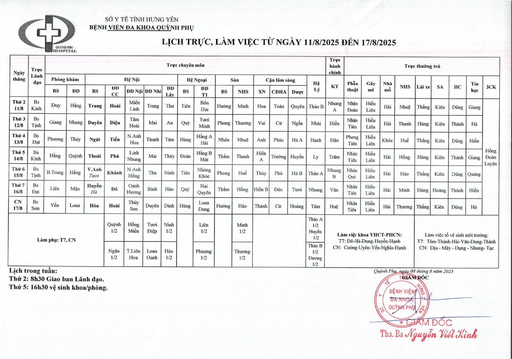 LỊCH TRỰC, LÀM VIỆC TỪ NGÀY 11/8/2025 ĐẾN 17/8/2025