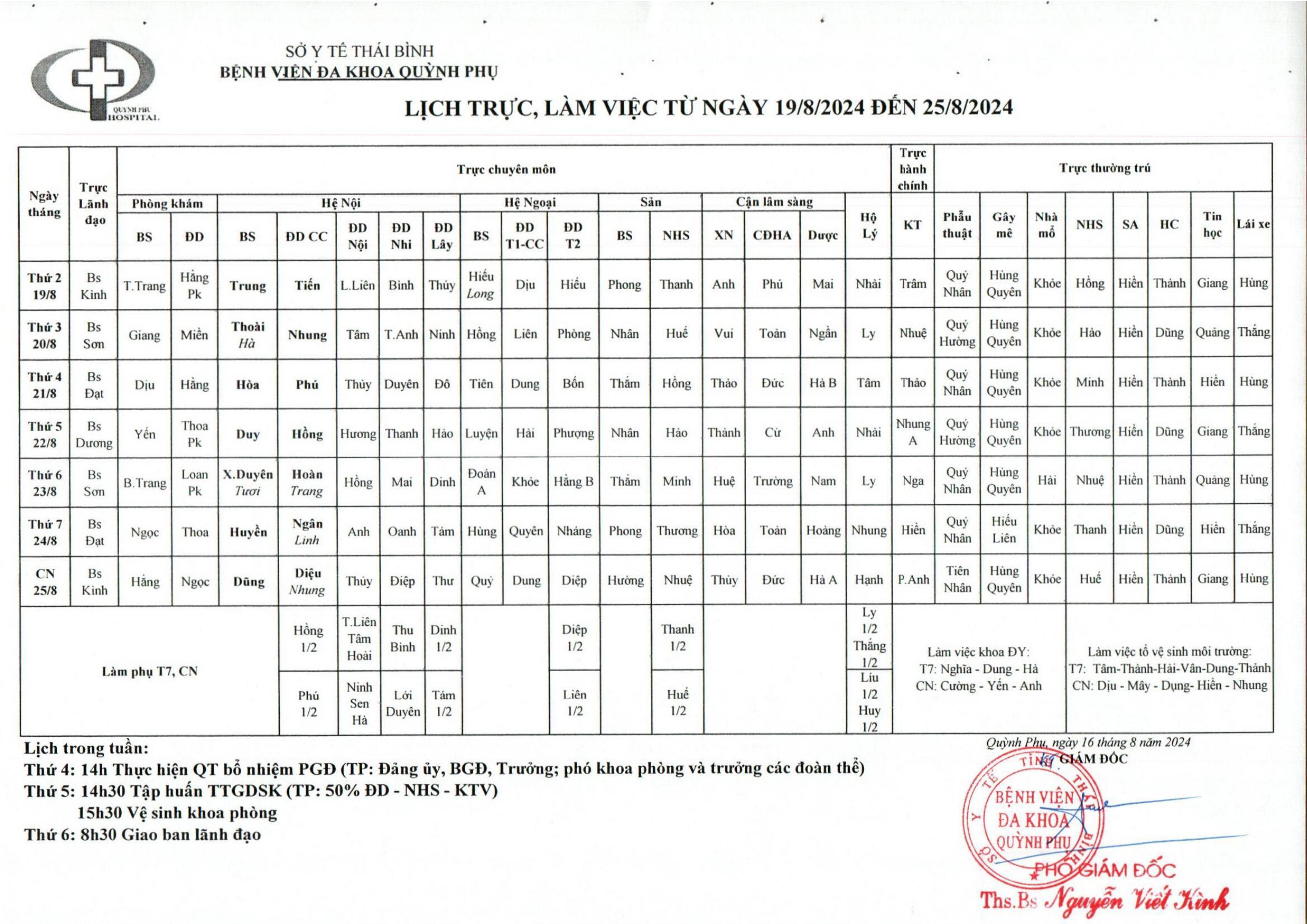 LỊCH TRỰC, LÀM VIỆC TỪ NGÀY 19/8/2024 ĐẾN NGÀY 25/8/2024