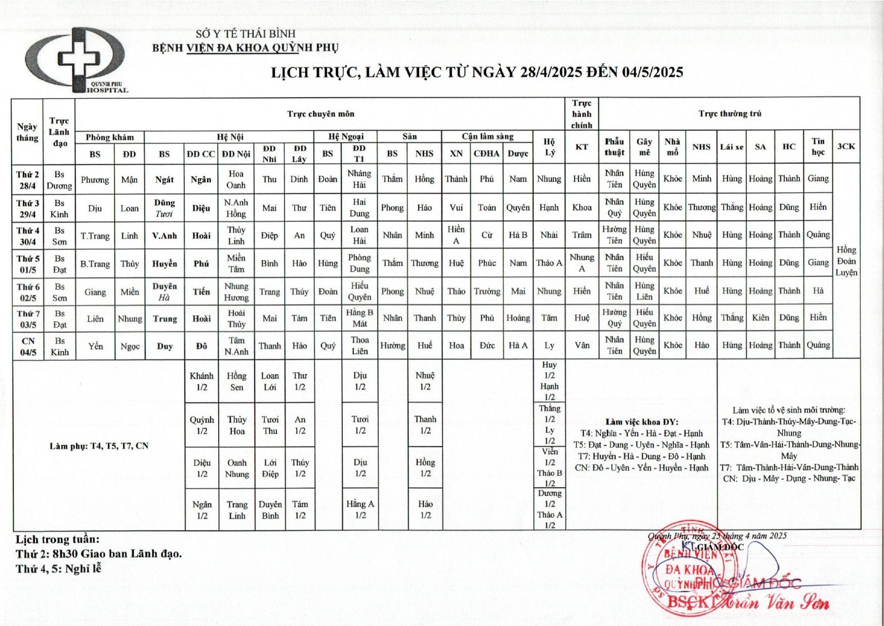 LỊCH TRỰC, LÀM VIỆC TỪ NGÀY 28/4/2025 ĐẾN 4/5/2025