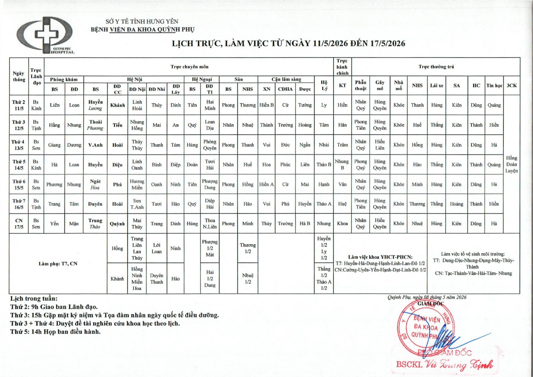 LỊCH TRỰC VÀ LÀM VIỆC TỪ 11/5/2026 - 17/5/2026