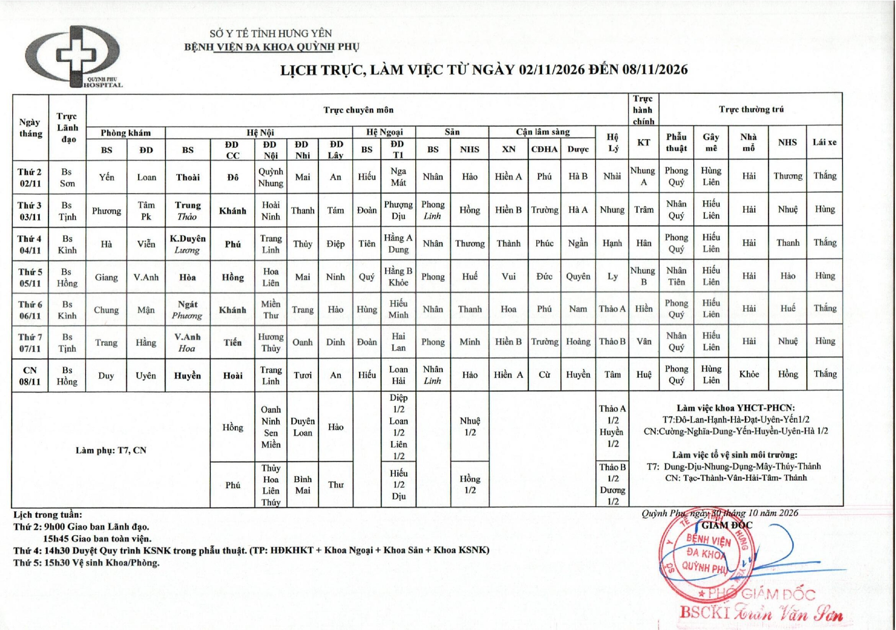 LỊCH TRỰC, LÀM VIỆC TỪ NGÀY 02/11/2026 ĐẾN NGÀY 08/11/2026