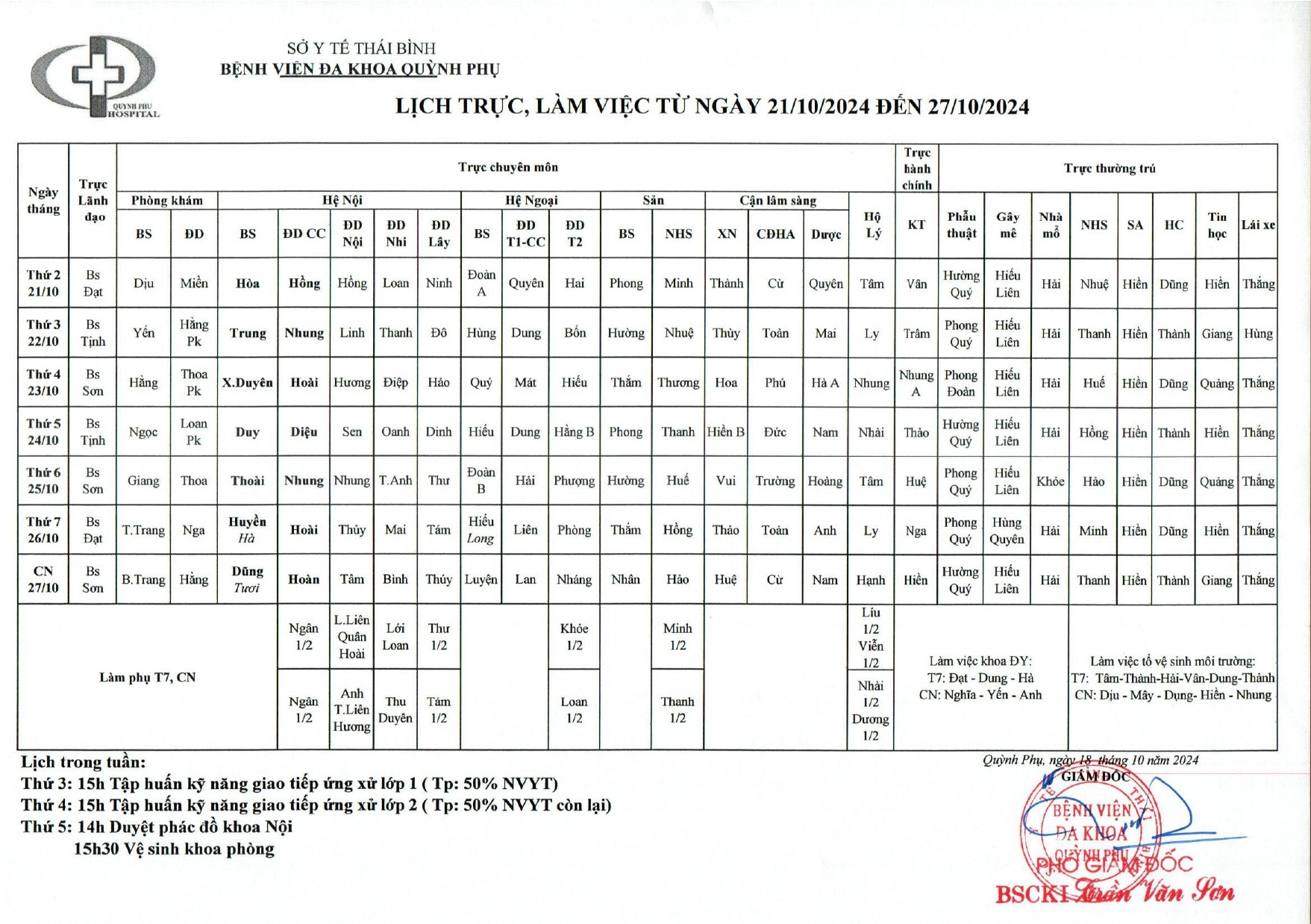 LỊCH TRỰC, LÀM VIỆC TỪ NGÀY 21/10/2024 ĐẾN NGÀY 27/10/2024