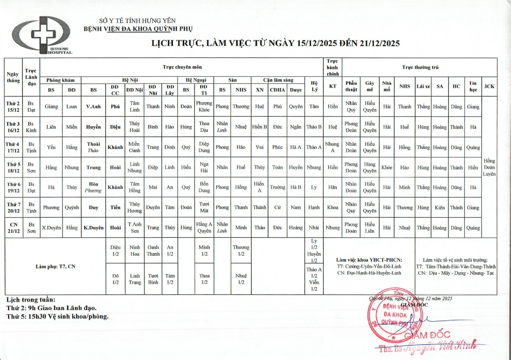 LỊCH TRỰC, LÀM VIỆC TỪ NGÀY 15/12/2025 ĐẾN 21/12/2025