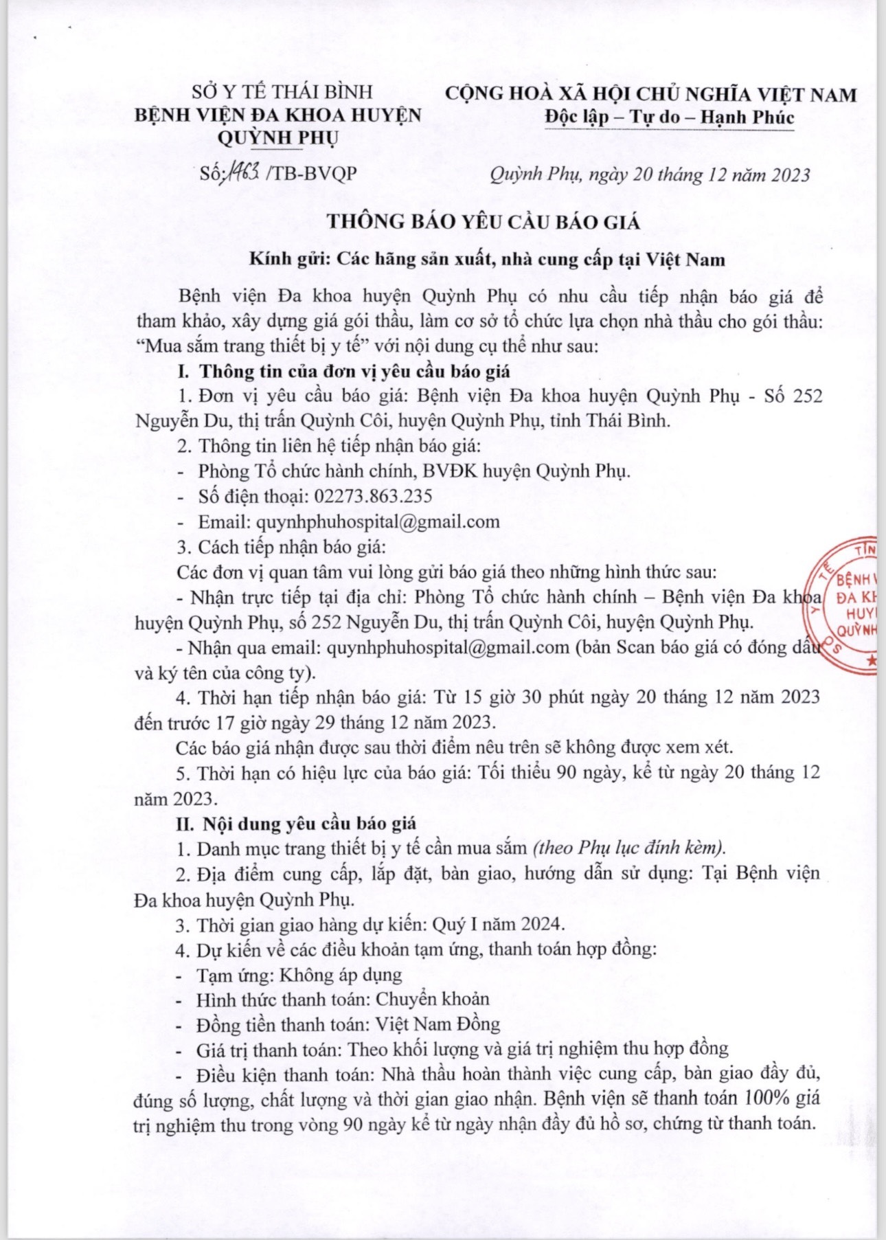 THÔNG BÁO YÊU CẦU BÁO GIÁ'''' MUA SẮM THIẾT BỊ Y TẾ''.