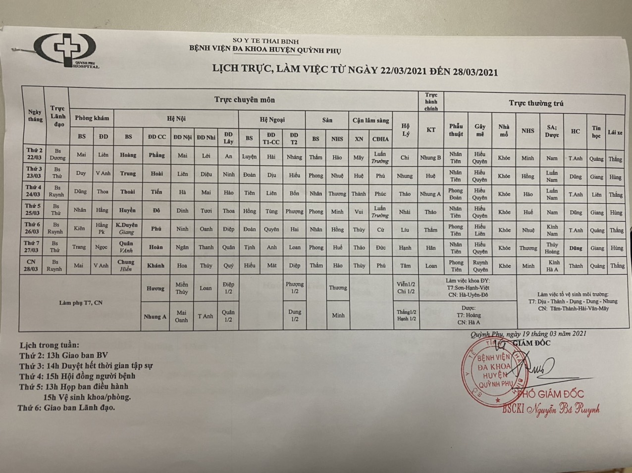 lich trực, làm việc từ ngày 22/3/2021 đến ngày 28/3/2021