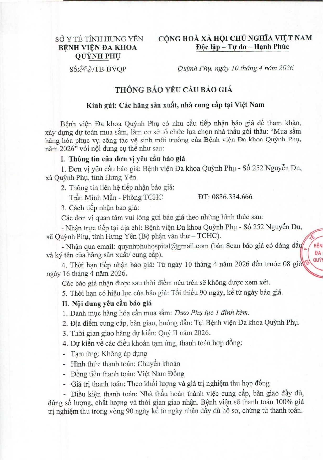 THÔNG BÁO YÊU CẦU BÁO GIÁ THÔNG BÁO YÊU CẦU BÁO GIÁ