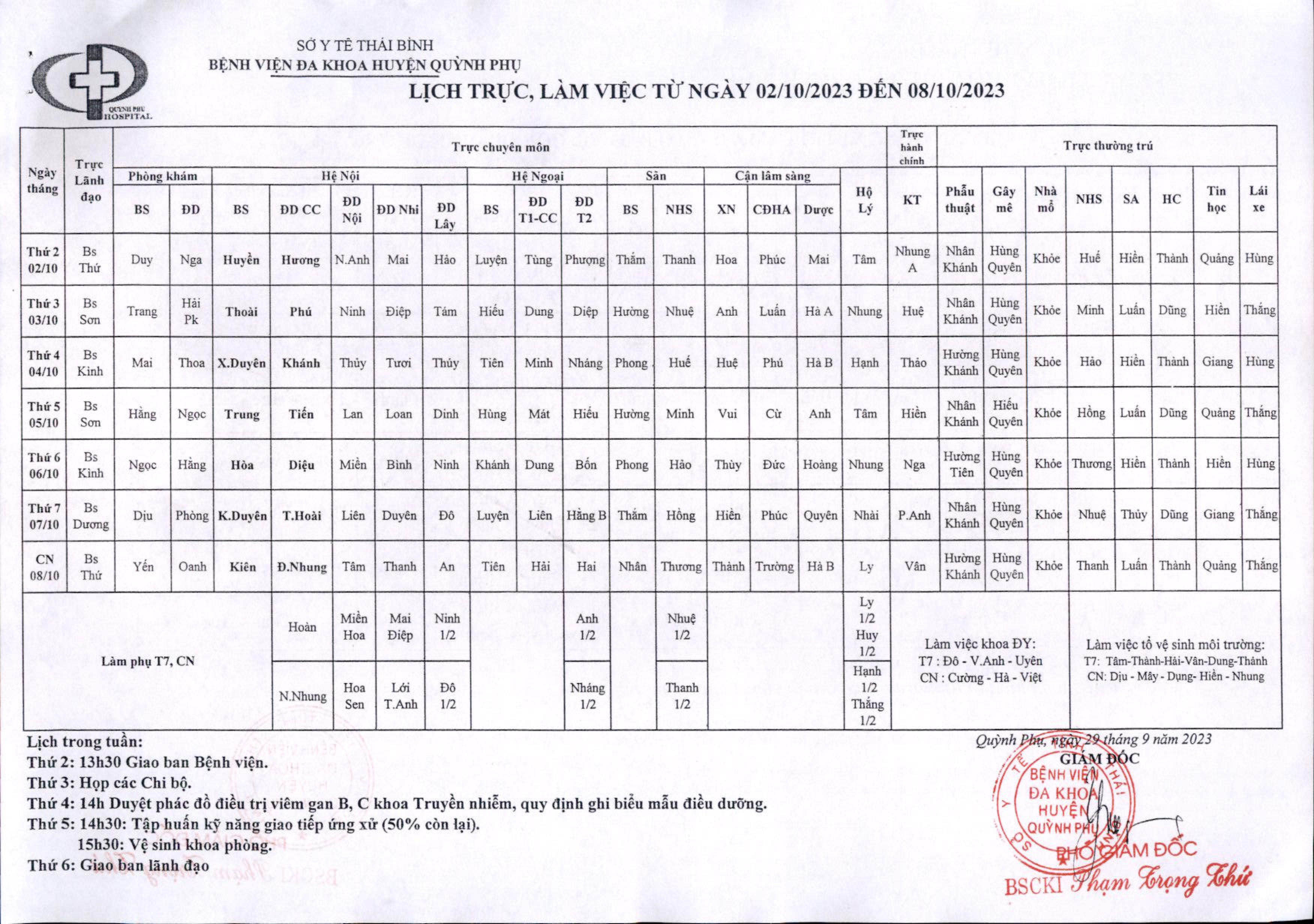 LỊCH TRỰC, LÀM VIỆC TỪ NGÀY 02/10/2023 ĐẾN 08/10/2023