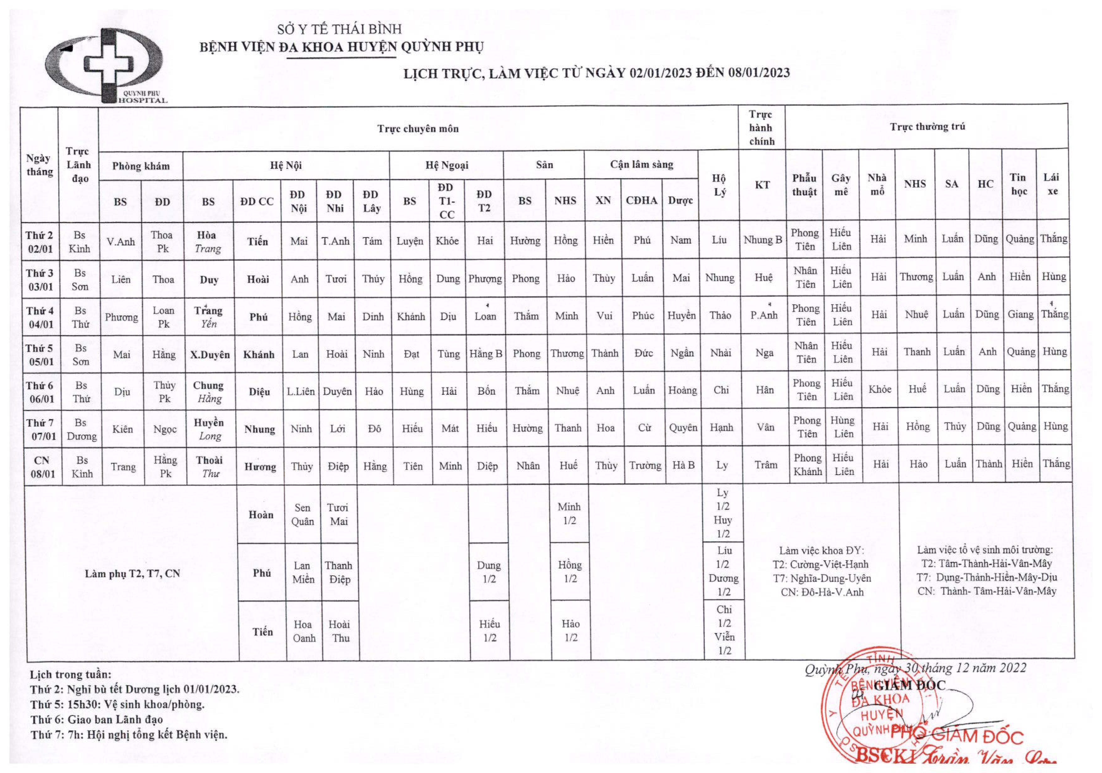 LỊCH TRỰC, LÀM VIỆC TỪ NGÀY 02/01/2023 ĐẾN NGÀY 08/01/2023