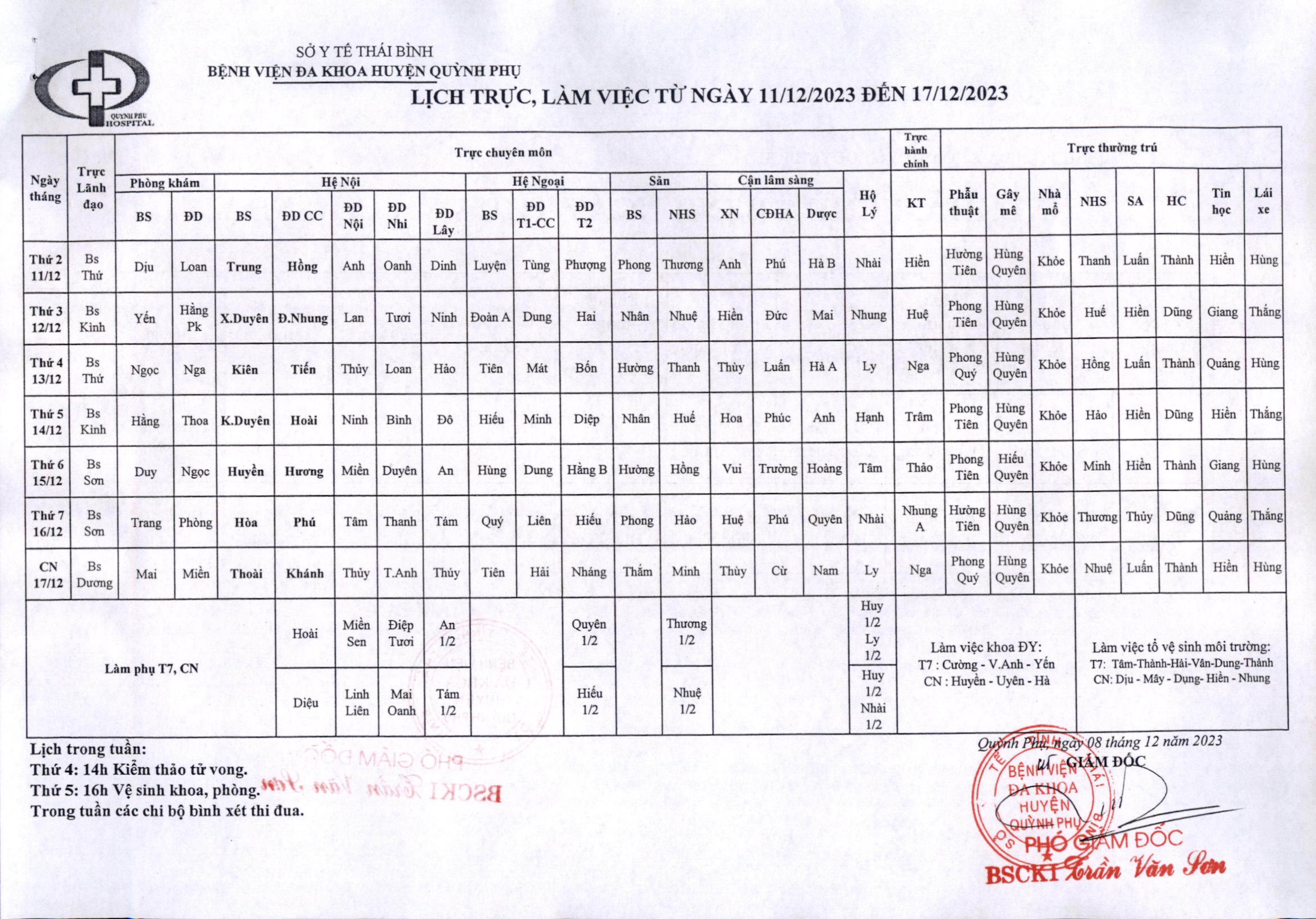 LỊCH TRỰC, LÀM VIỆC TỪ NGÀY 11/12/2023 ĐẾN NGÀY 17/12/2023