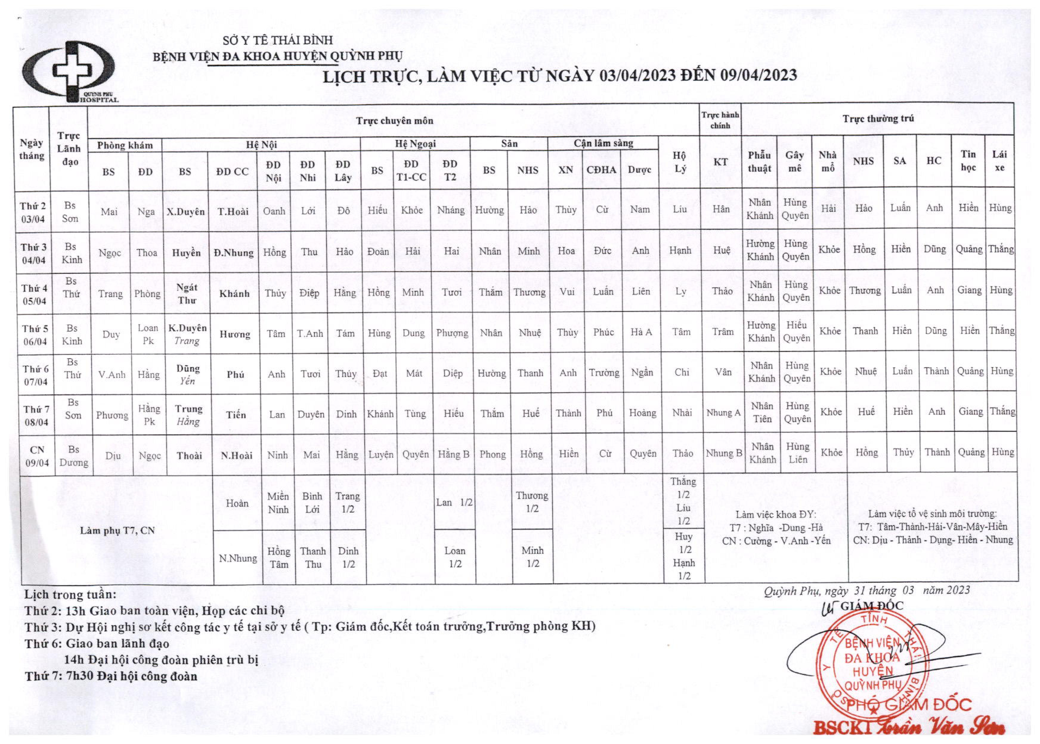 LỊCH TRỰC, LÀM VIỆC TỪ NGÀY 03/4/2023 ĐẾN NGÀY 09/4/2023