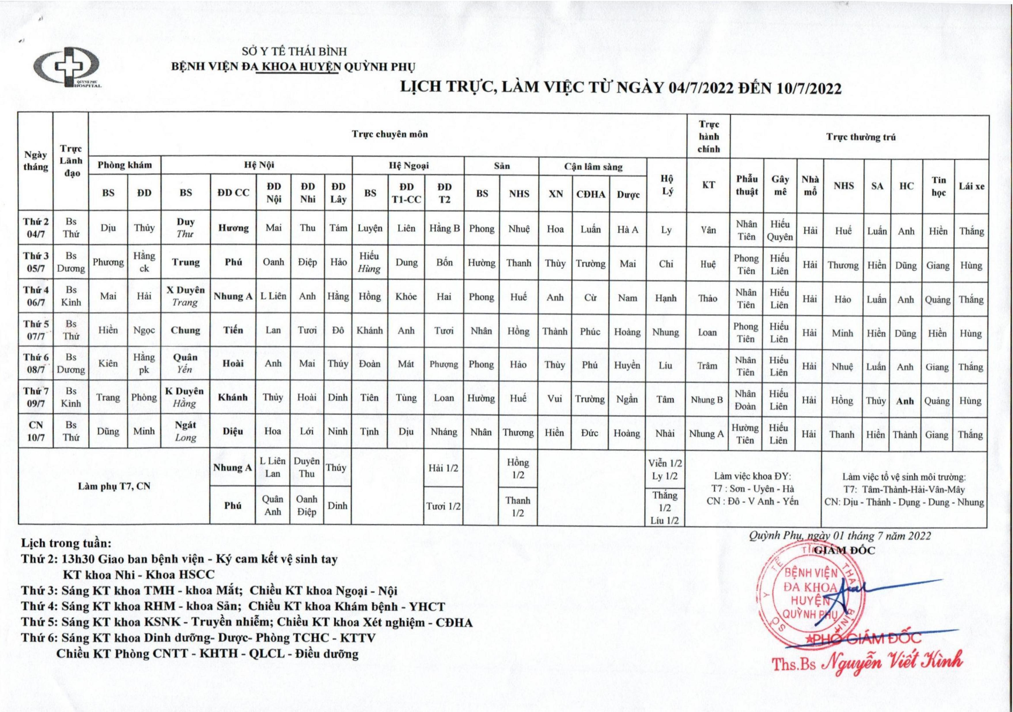 LỊCH TRỰC, LÀM VIỆC TỪ NGÀY 04/7/2022 ĐẾN NGÀY 10/7/2022