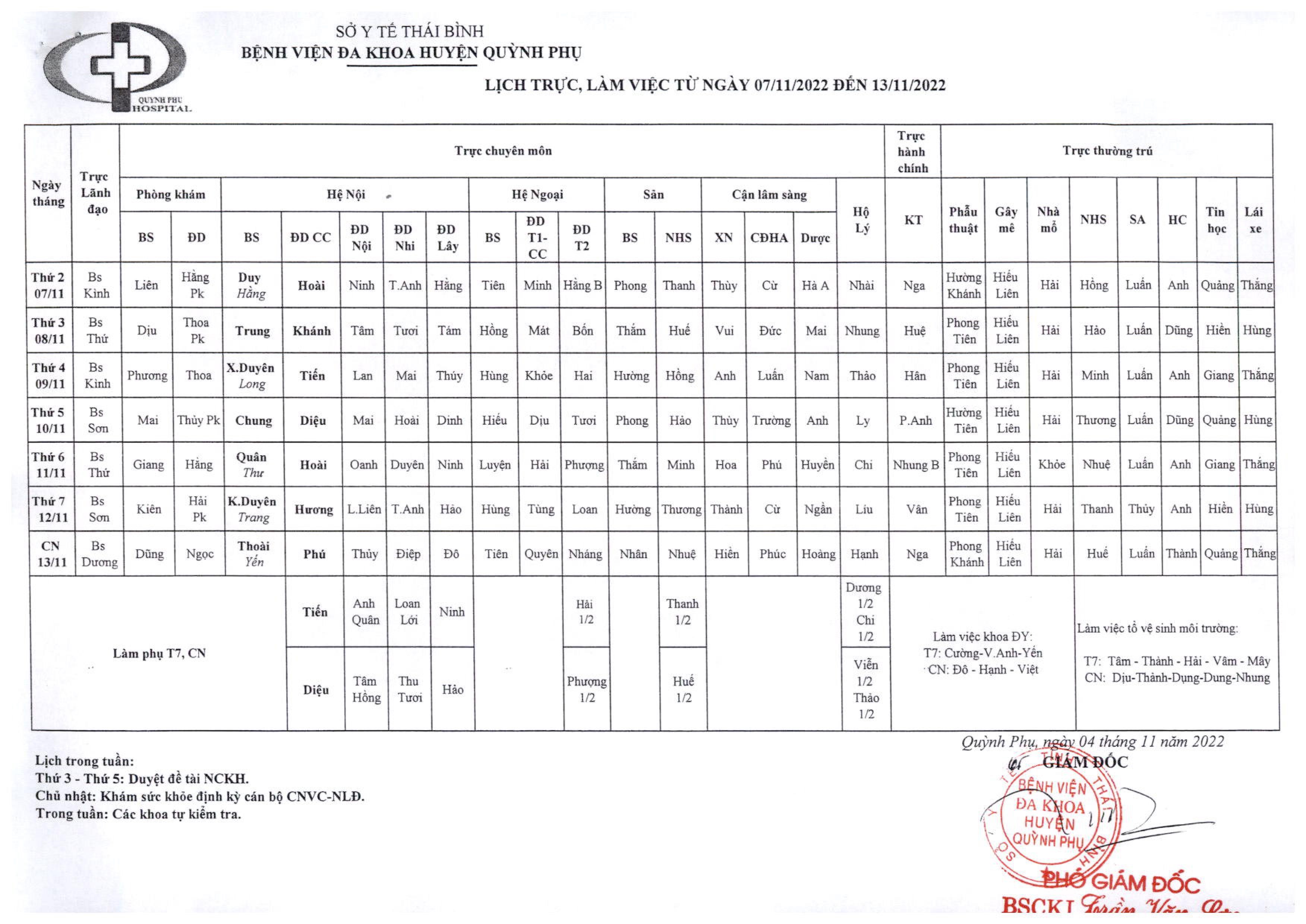 LỊCH TRỰC, LÀM VIỆC TỪ NGÀY 07/11/2022 ĐẾN NGÀY 13/11/2022