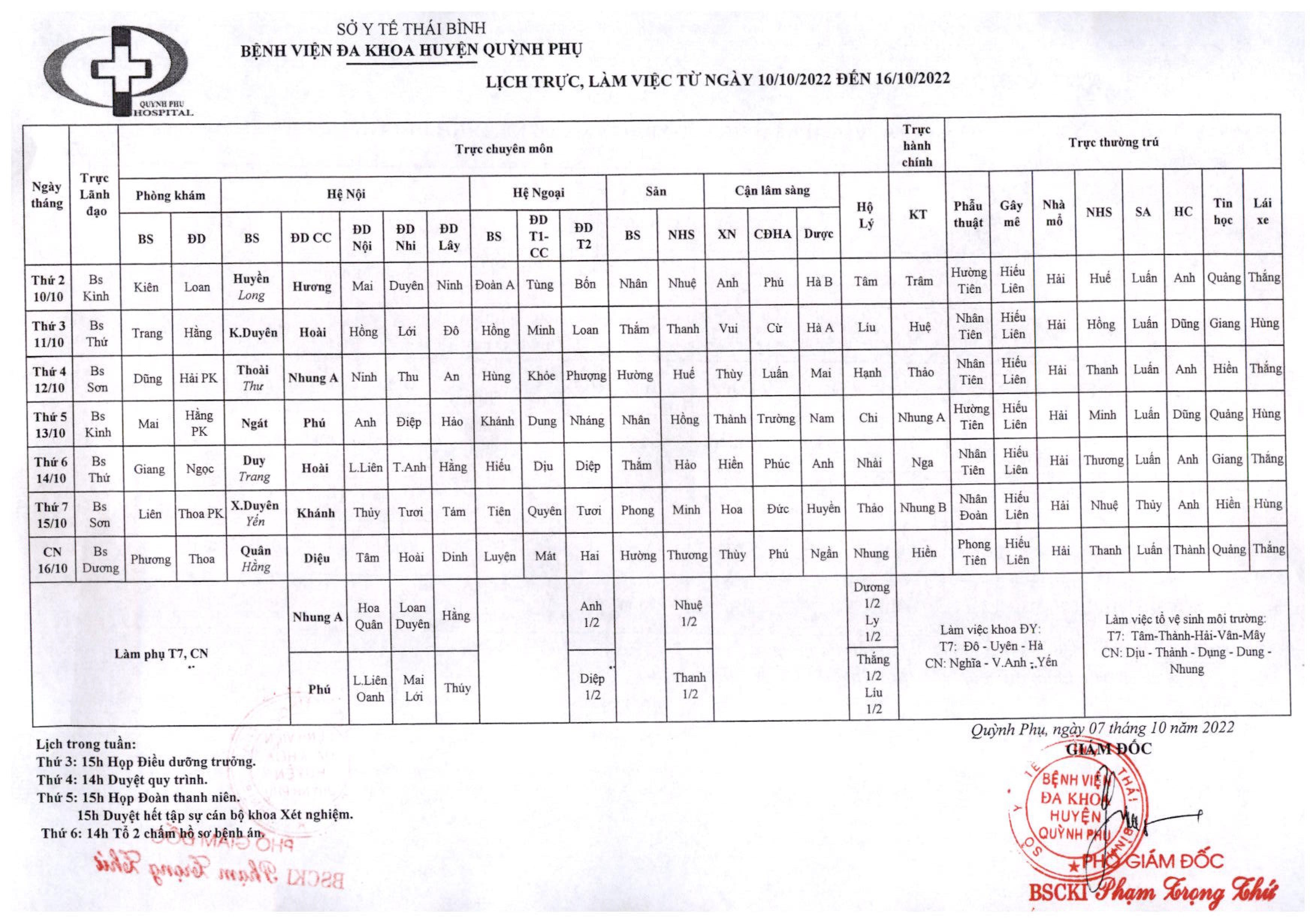 LỊCH TRỰC,LÀM VIỆC TỪ NGÀY 10/10/2022 ĐẾN NGÀY 16/10/2022