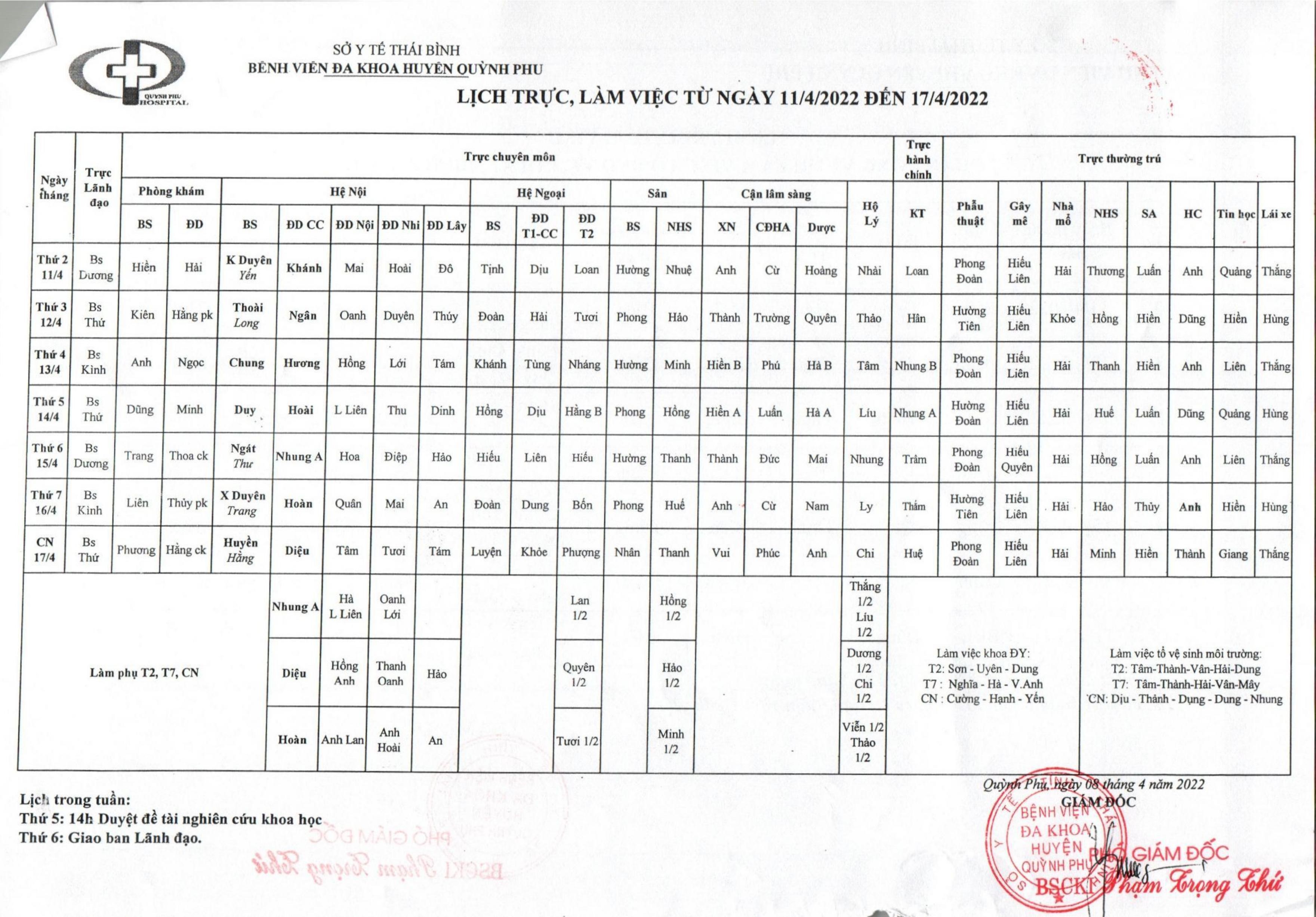 LỊCH TRỰC,LÀM VIỆC TỪ NGÀY 11/4/2022 ĐẾN NGÀY 17/4/2022