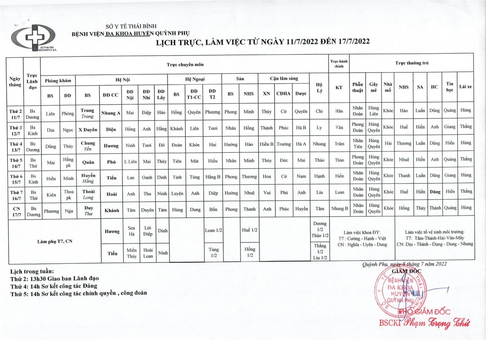 LỊCH TRỰC, LÀM VIỆC TỪ NGÀY 11/7/2022 ĐẾN NGÀY 17/7/2022