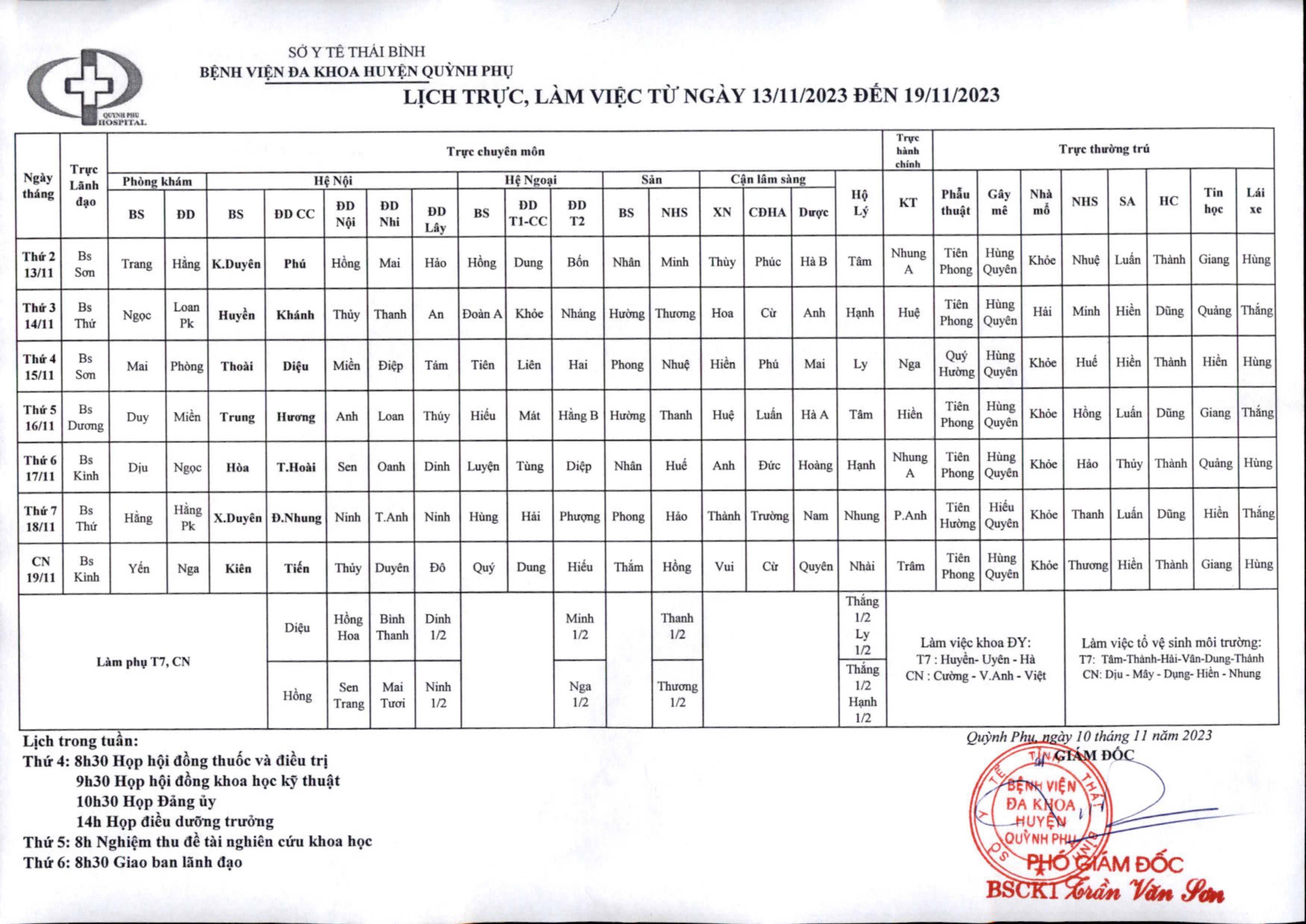 LỊCH TRỰC, LÀM VIỆC TỪ NGÀY 13/11/2023 ĐẾN NGÀY 19/11/2023