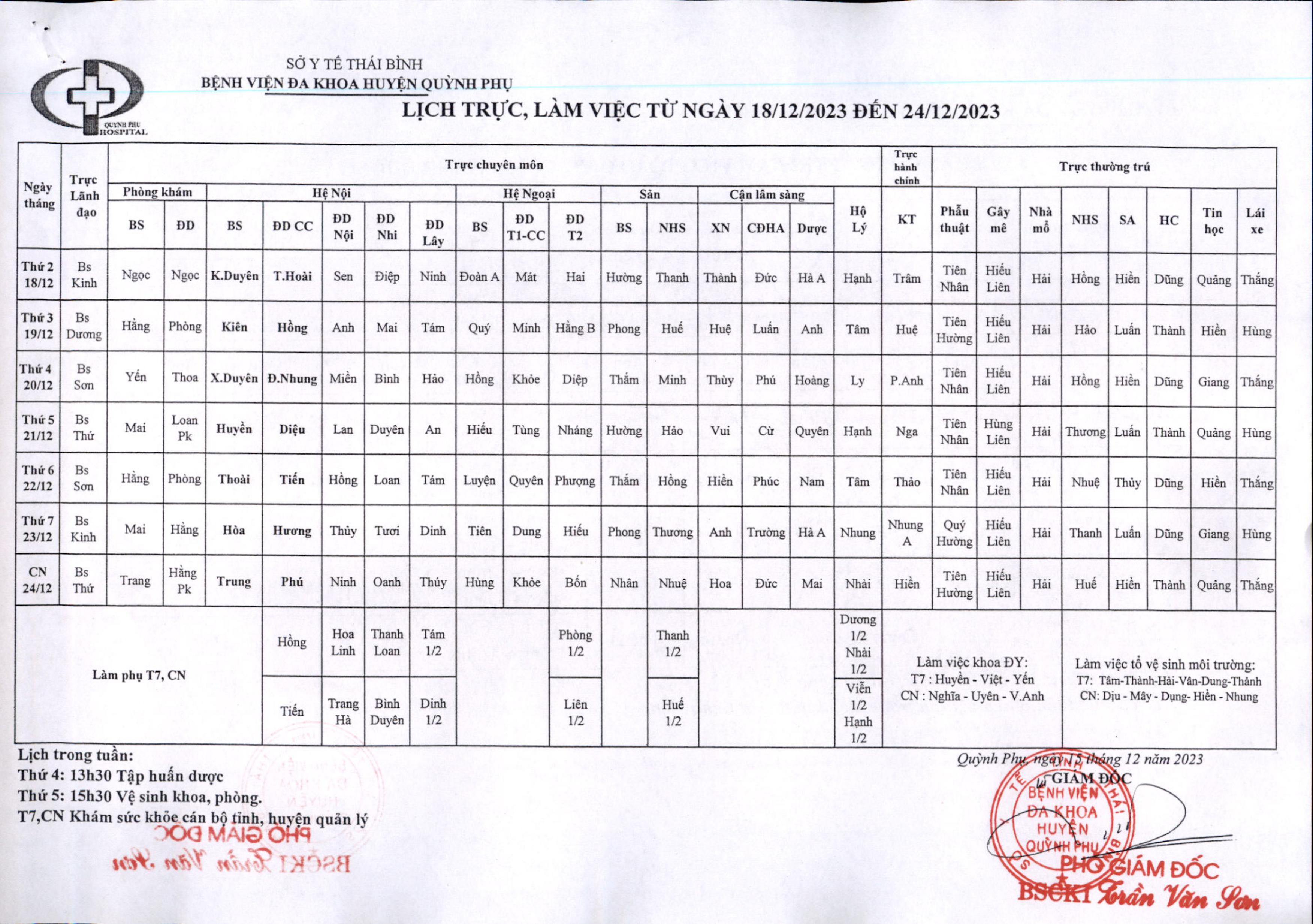 LỊCH TRỰC, LÀM VIỆC TỪ NGÀY 18/12/2023 ĐẾN NGÀY 24/12/2023