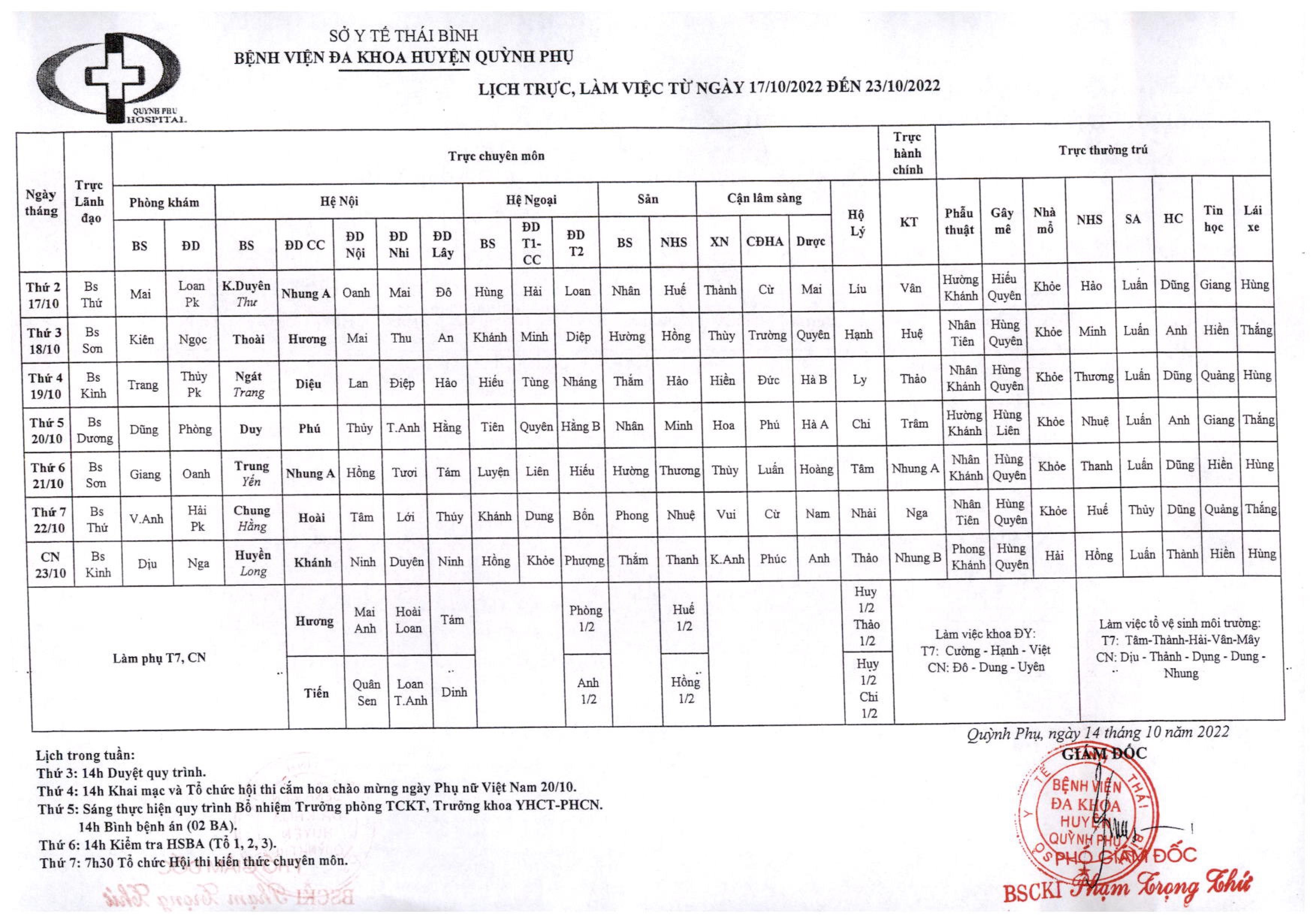LỊCH TRỰC, LÀM VIỆC TỪ NGÀY 17/10/2022 ĐẾN NGÀY 23/10/2022