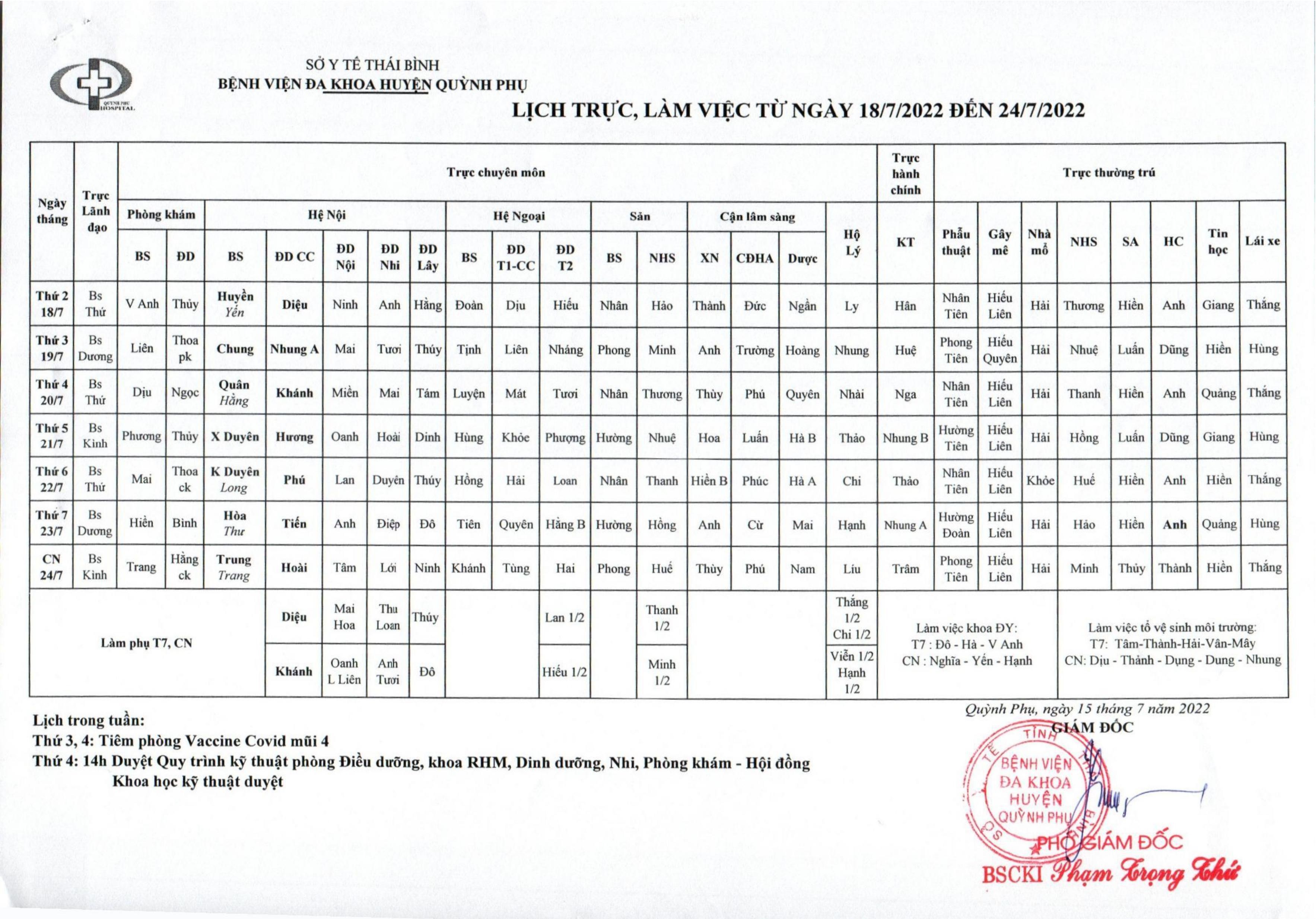 LỊCH TRỰC, LÀM VIỆC TỪ NGÀY 18/7/2022 ĐẾN NGÀY 24/7/2022