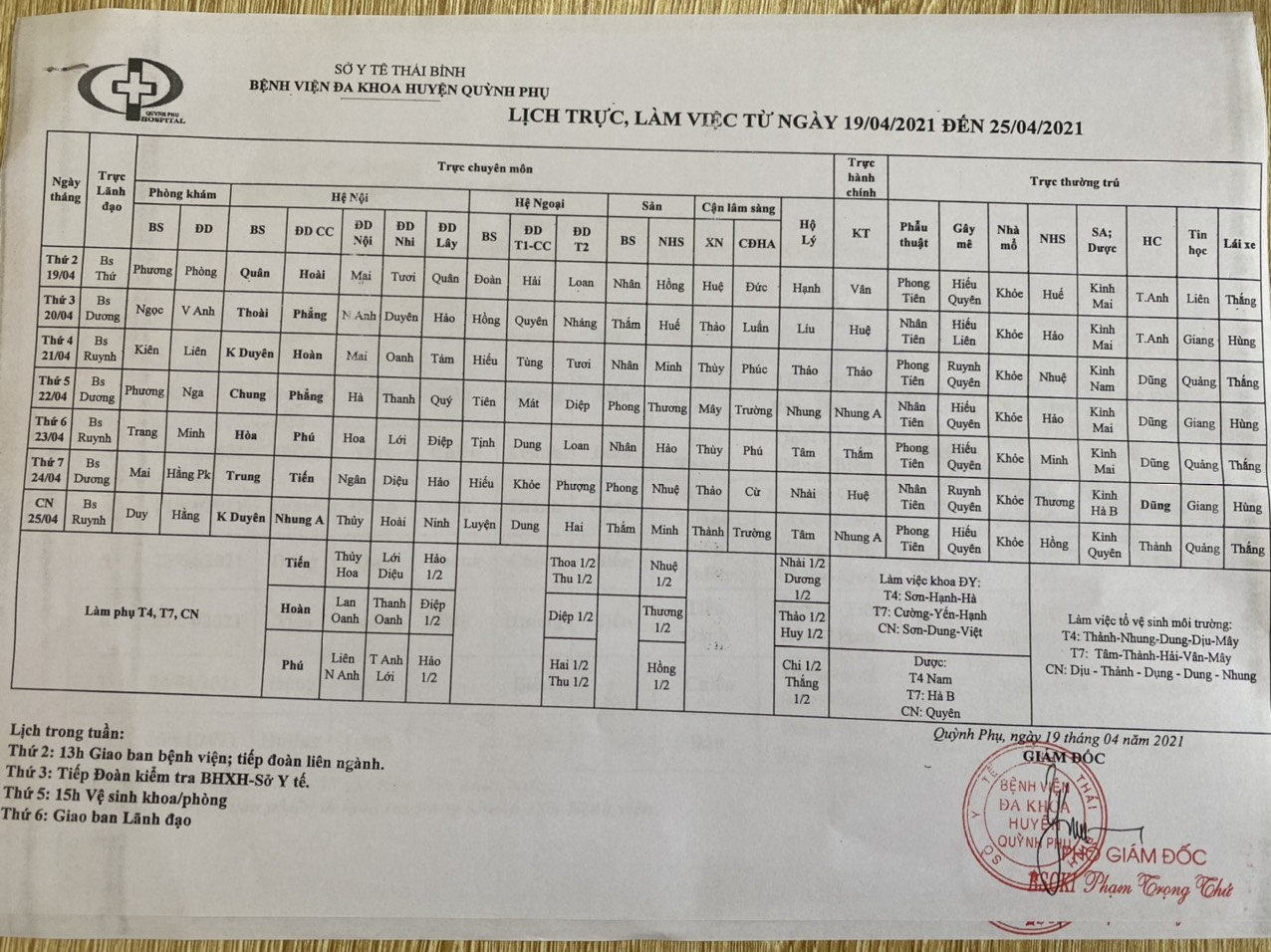 lich trực, làm việc từ ngày 19/4/2021 đến ngày 25/4/2021