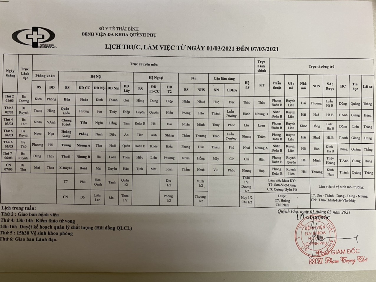 lich trực, làm việc từ ngày 01/3/2021 đến ngày 07/3/2021