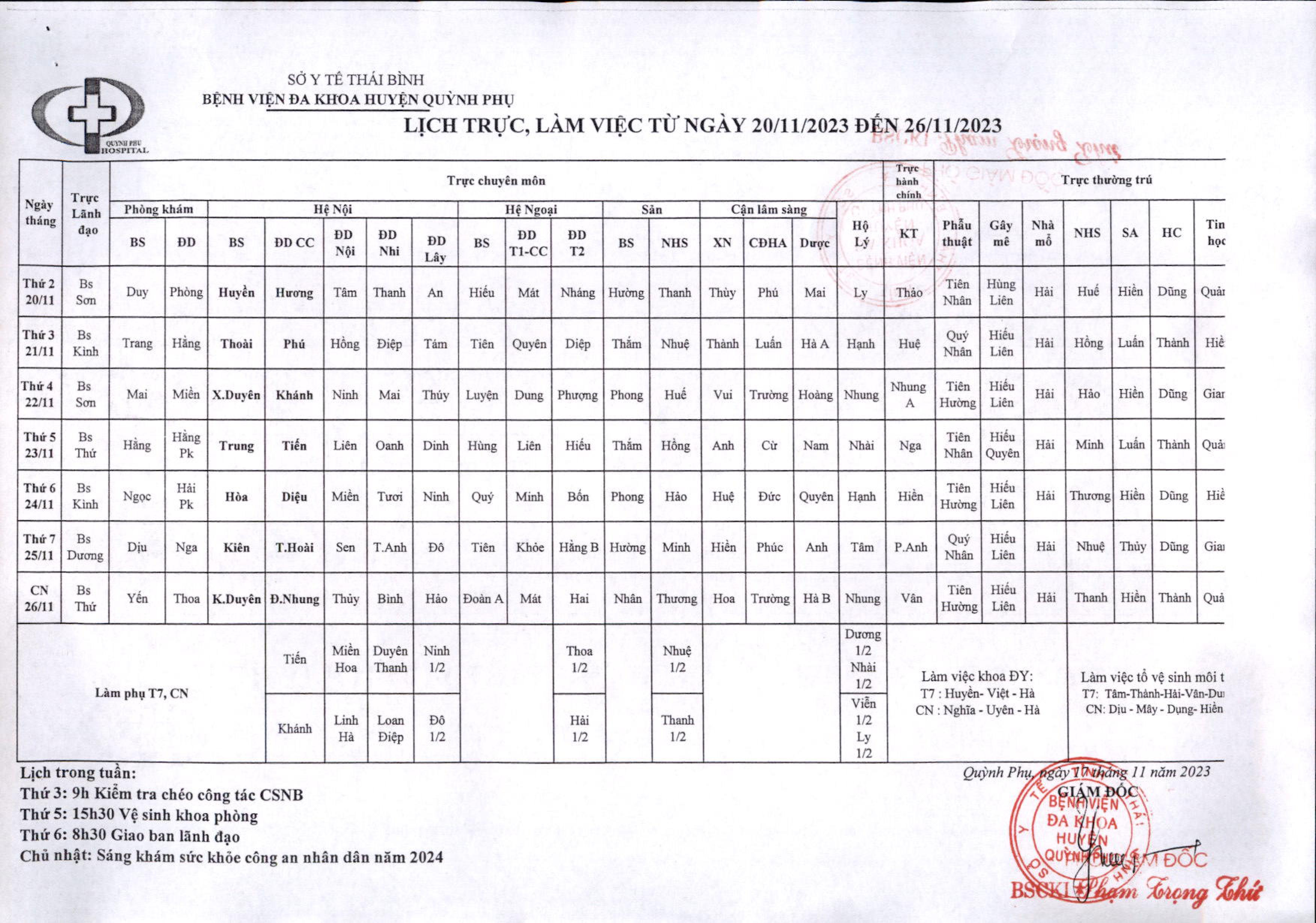 LỊCH TRỰC, LÀM VIỆC TỪ NGÀY 20/11/2023 ĐẾN 26/11/2023