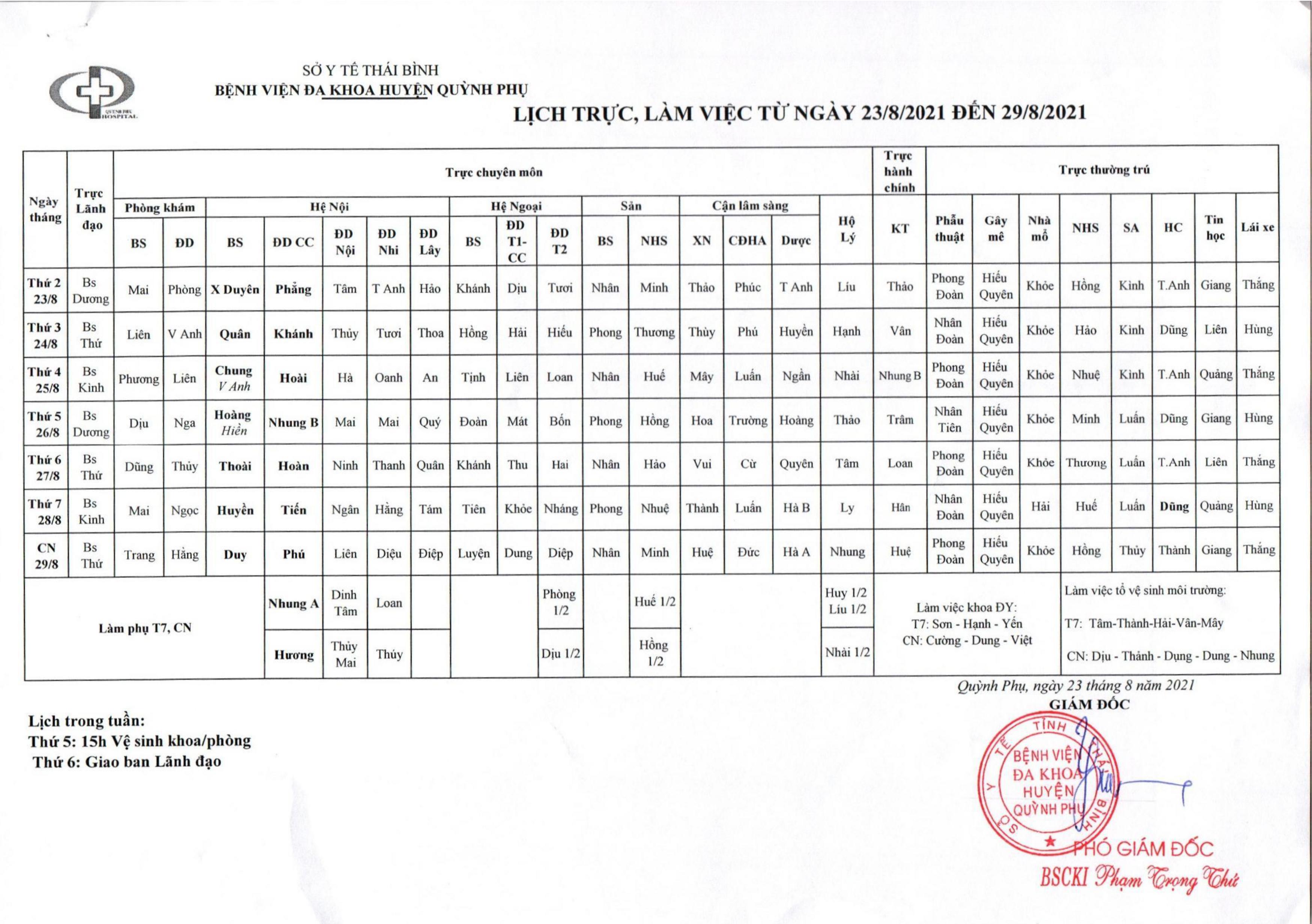 Lịch trực, làm việc từ ngày 23/8/2021 đến ngày 29/8/2021