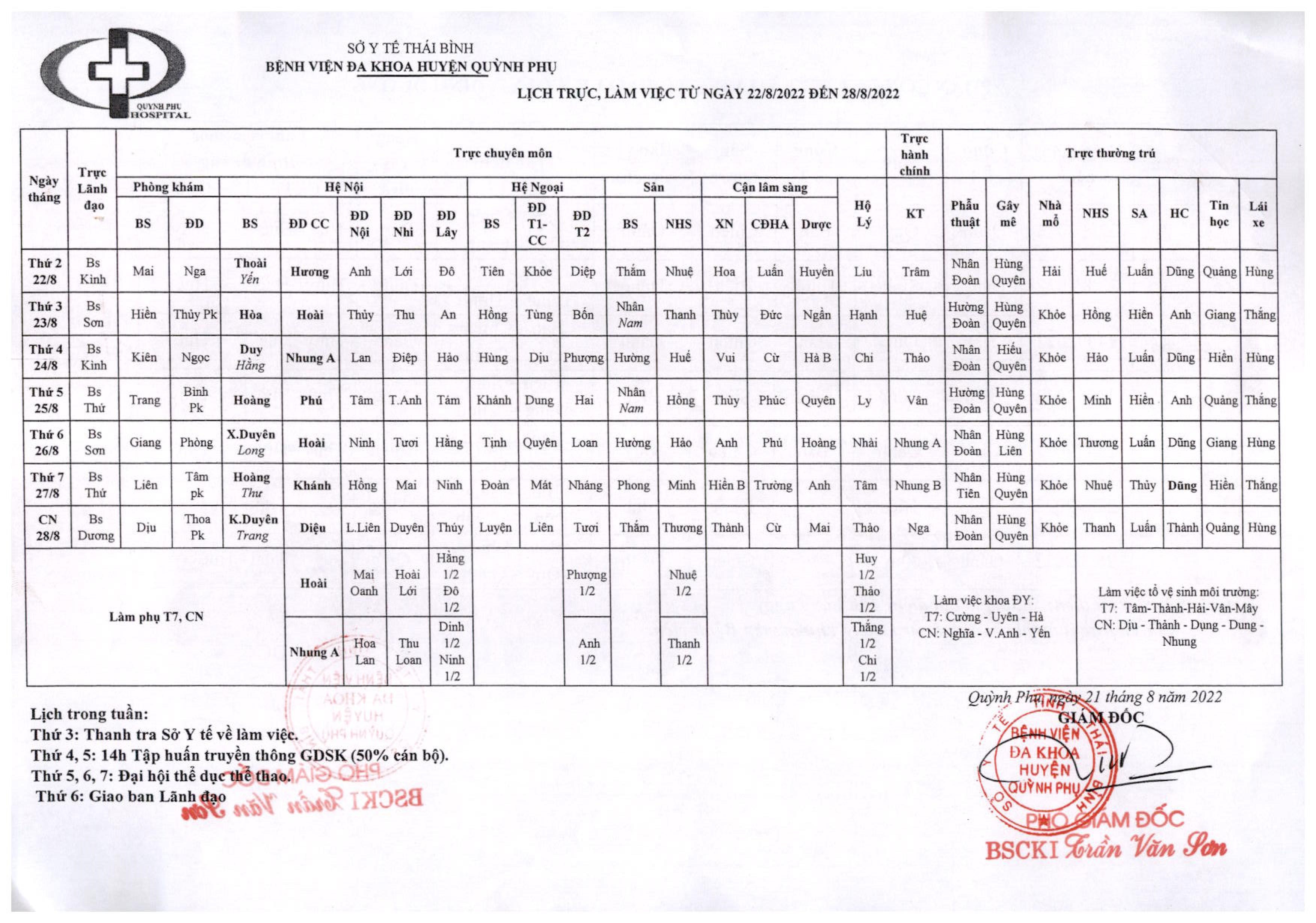 LỊCH TRỰC, LÀM VIỆC TỪ NGÀY 22/8/2022 ĐẾN NGÀY 28/8/2022