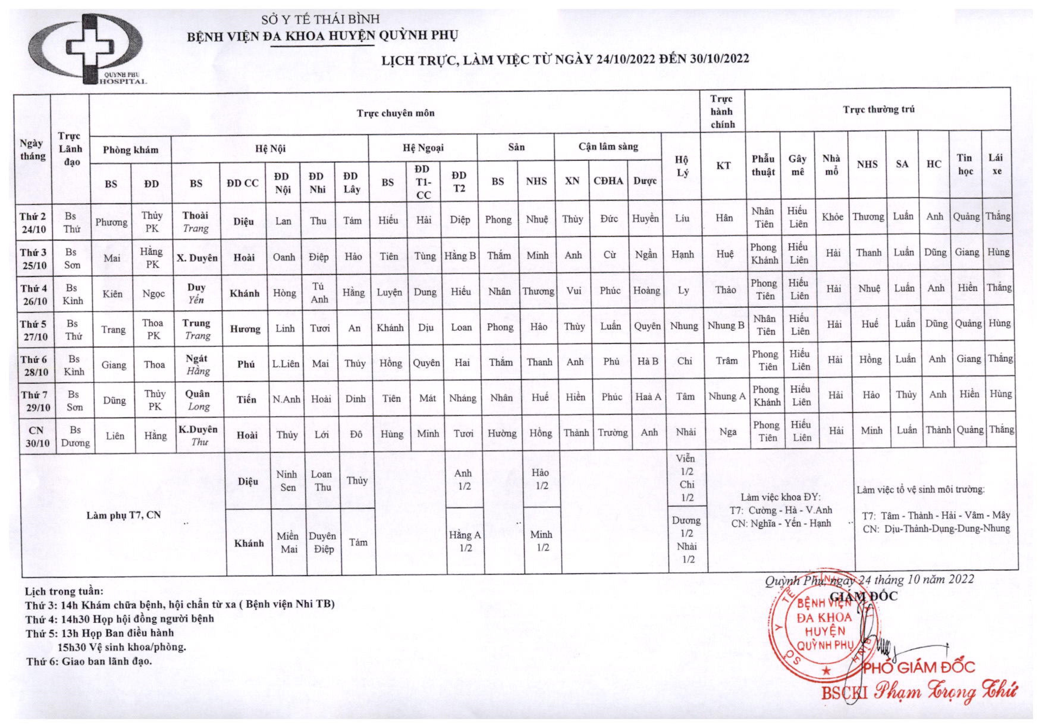 LỊCH TRỰC, LÀM VIỆC TỪ NGÀY 24/10/2022 ĐẾN 30/10/2022
