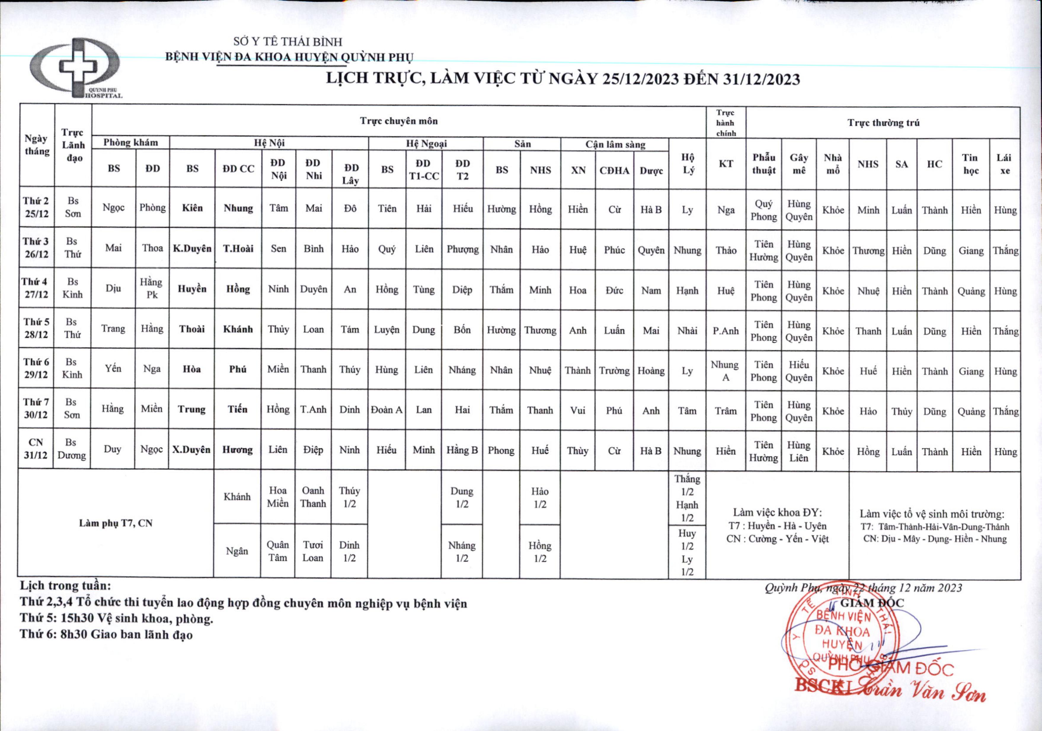LỊCH TRỰC, LÀM VIỆC TỪ NGÀY 25/12/2023 ĐẾN NGÀY 31/12/2023