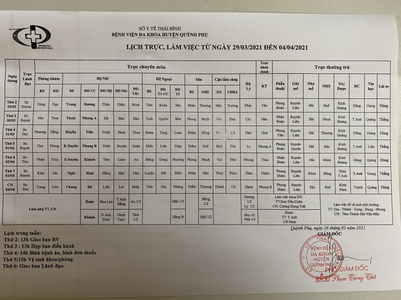 lich trực, làm việc từ ngày 29/3/2021 đến ngày 04/4/2021