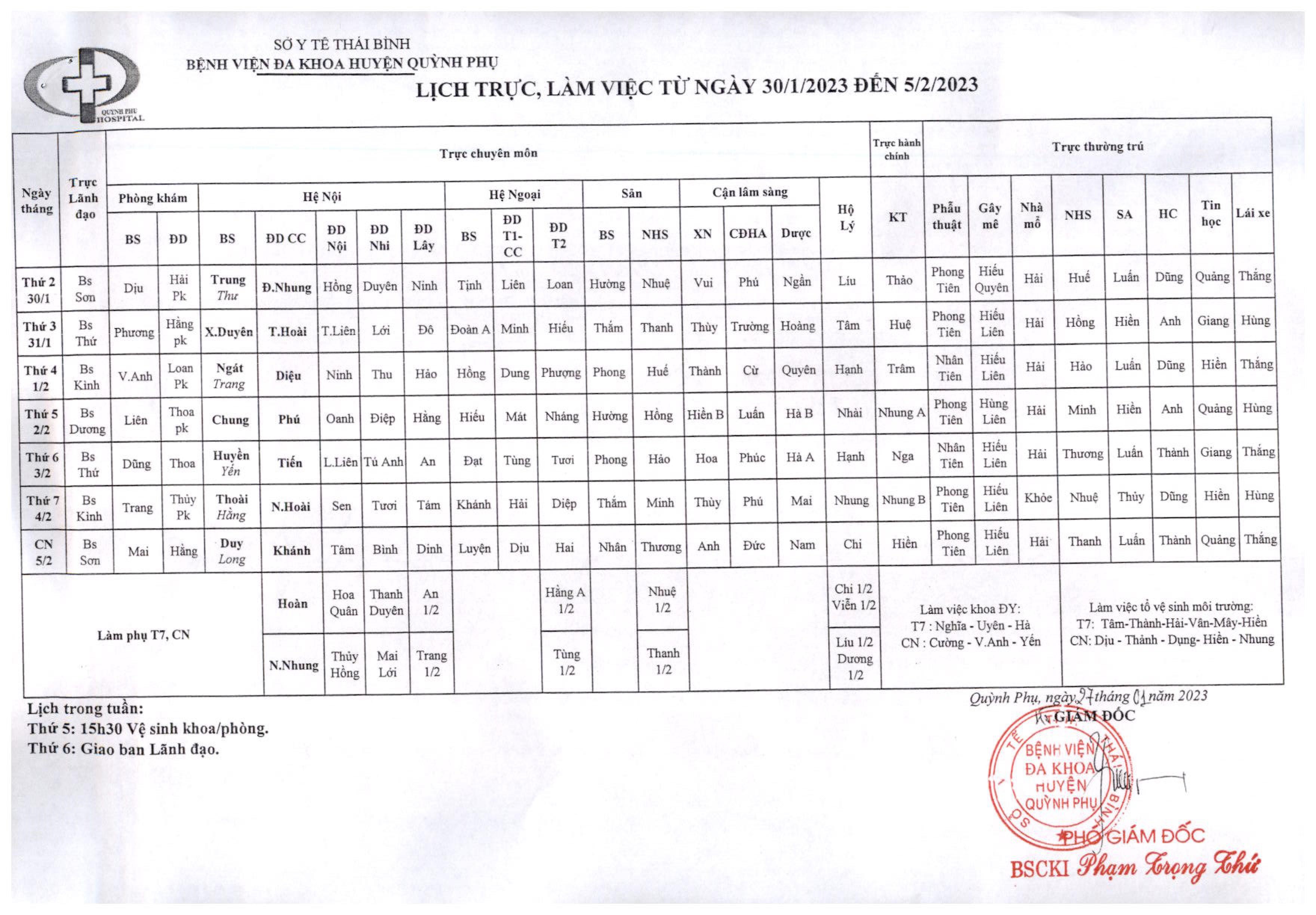 LỊCH TRỰC, LÀM VIỆC TỪ NGÀY 30/01/2023 ĐẾN NGÀY 05/02/2023