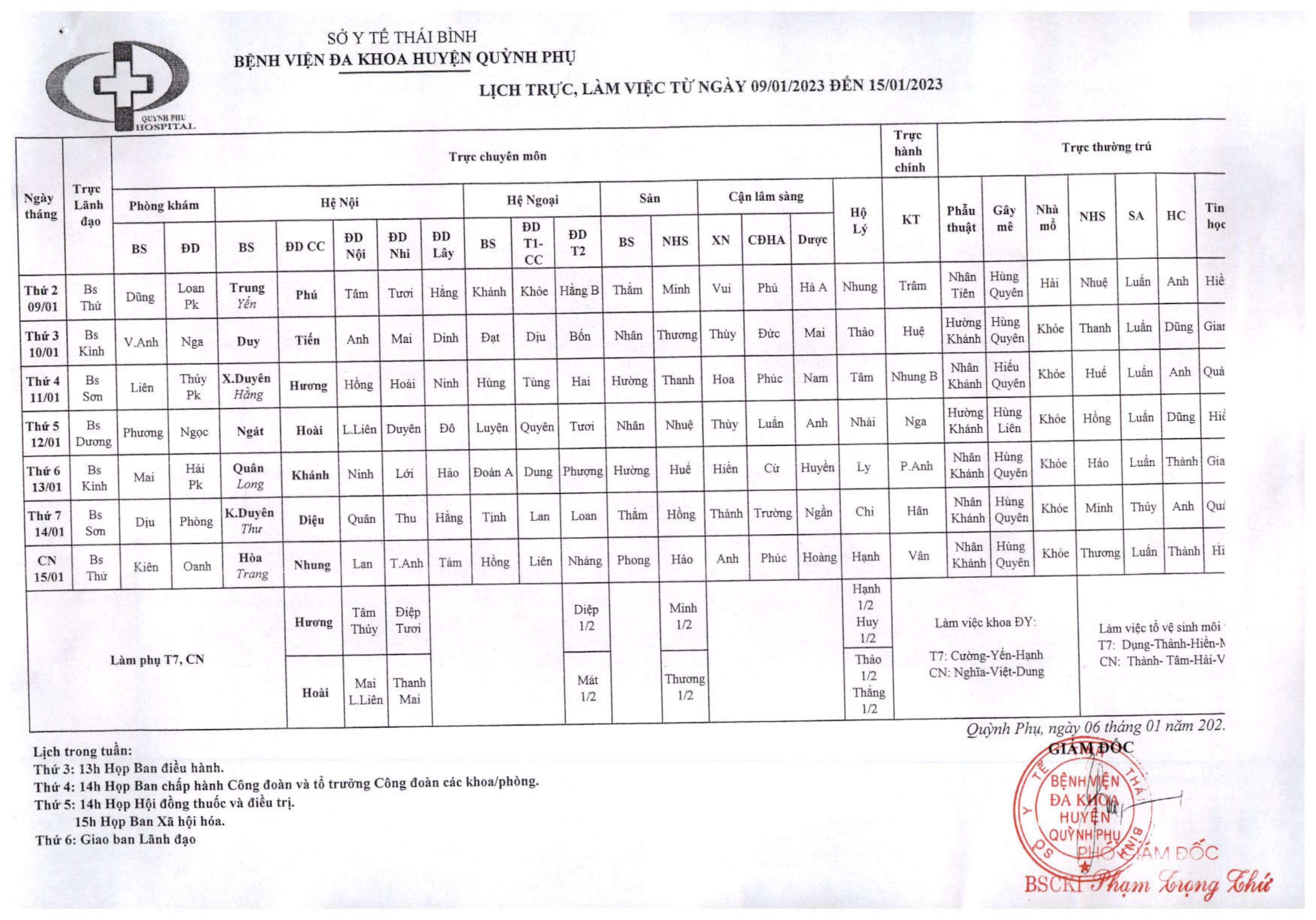 LỊCH TRỰC, LÀM VIỆC TỪ NGÀY 09/01/2023 ĐẾN NGÀY 15/01/2023
