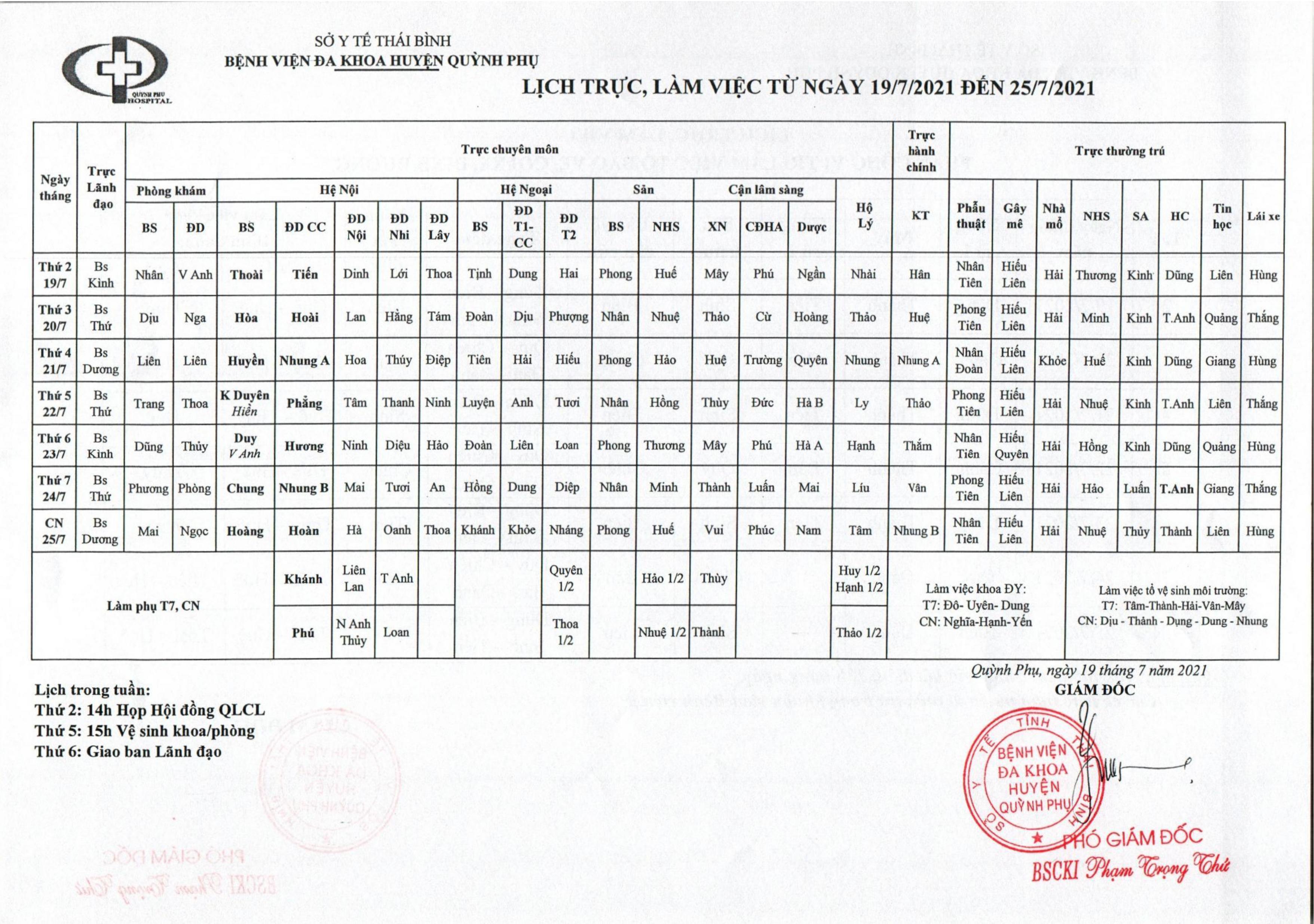 Lịch trực, làm việc từ ngày 19/7/2021 đến ngày 25/7/2021