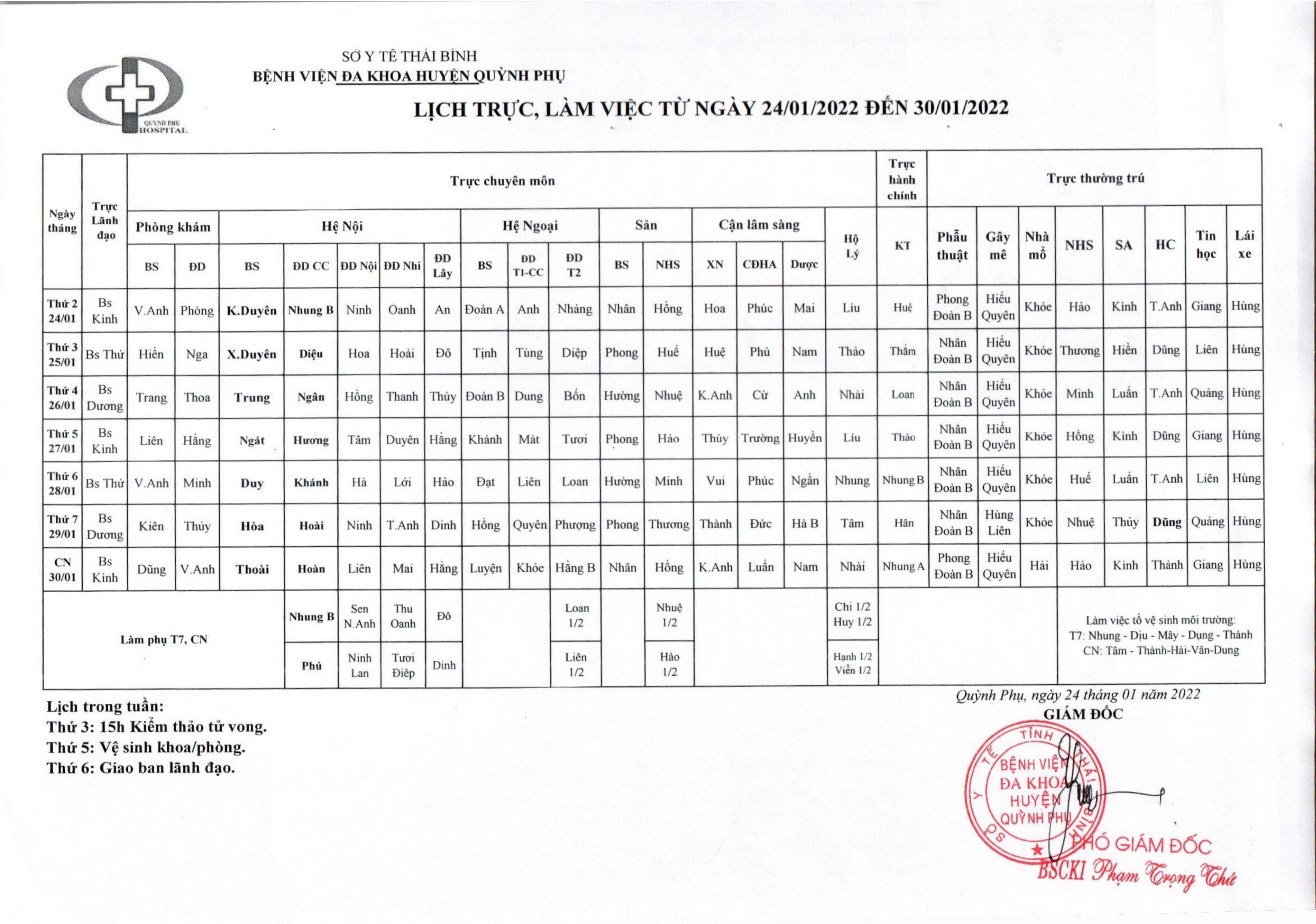 LỊCH TRỤC,LÀM VIỆC  TỪ NGÀY 24/01/2022 ĐẾN NGÀY 30/01/2022