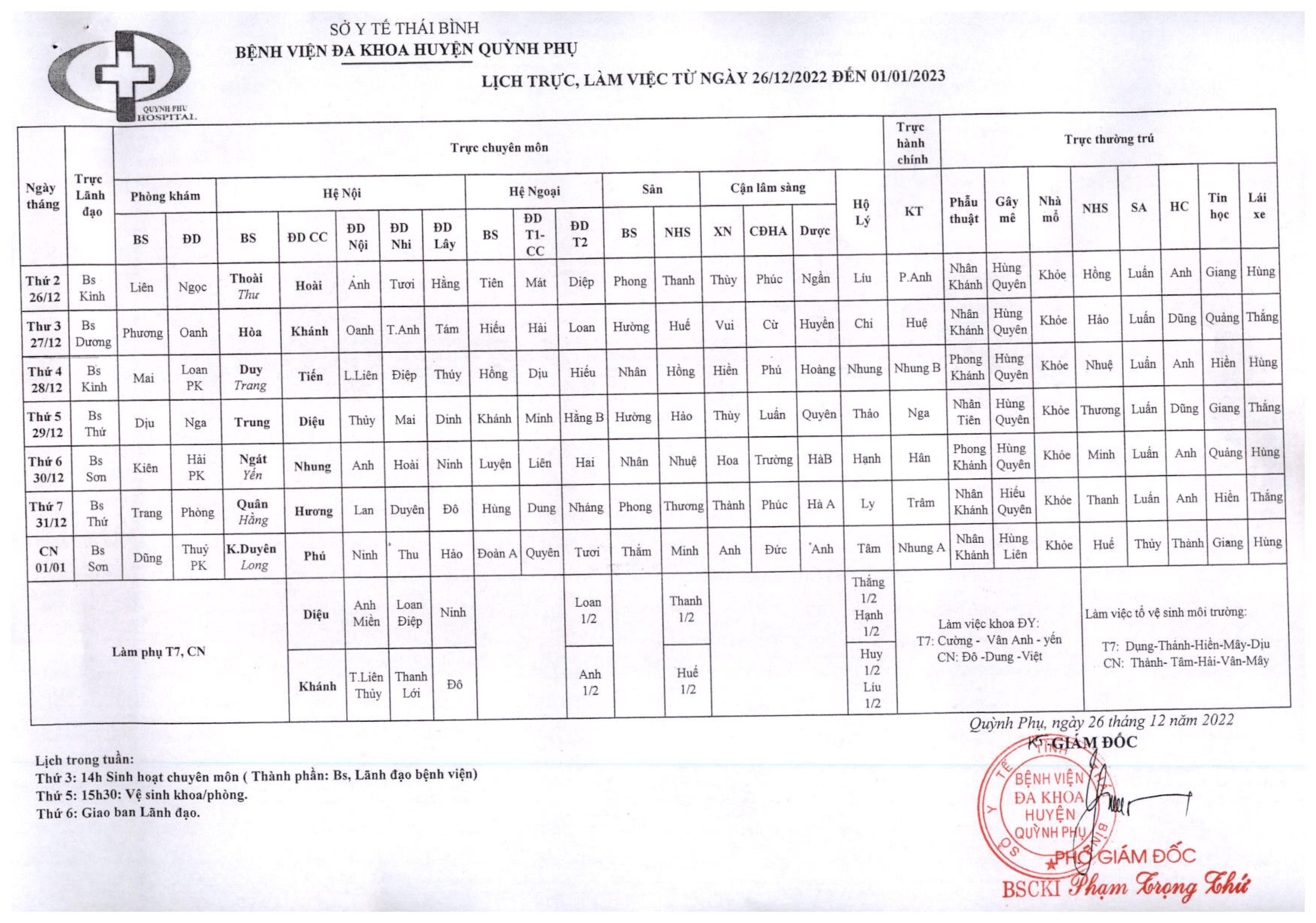 LỊCH TRỰC, LÀM VIỆC TỪ NGÀY 26/12/2022 ĐẾN NGÀY 01/01/2023