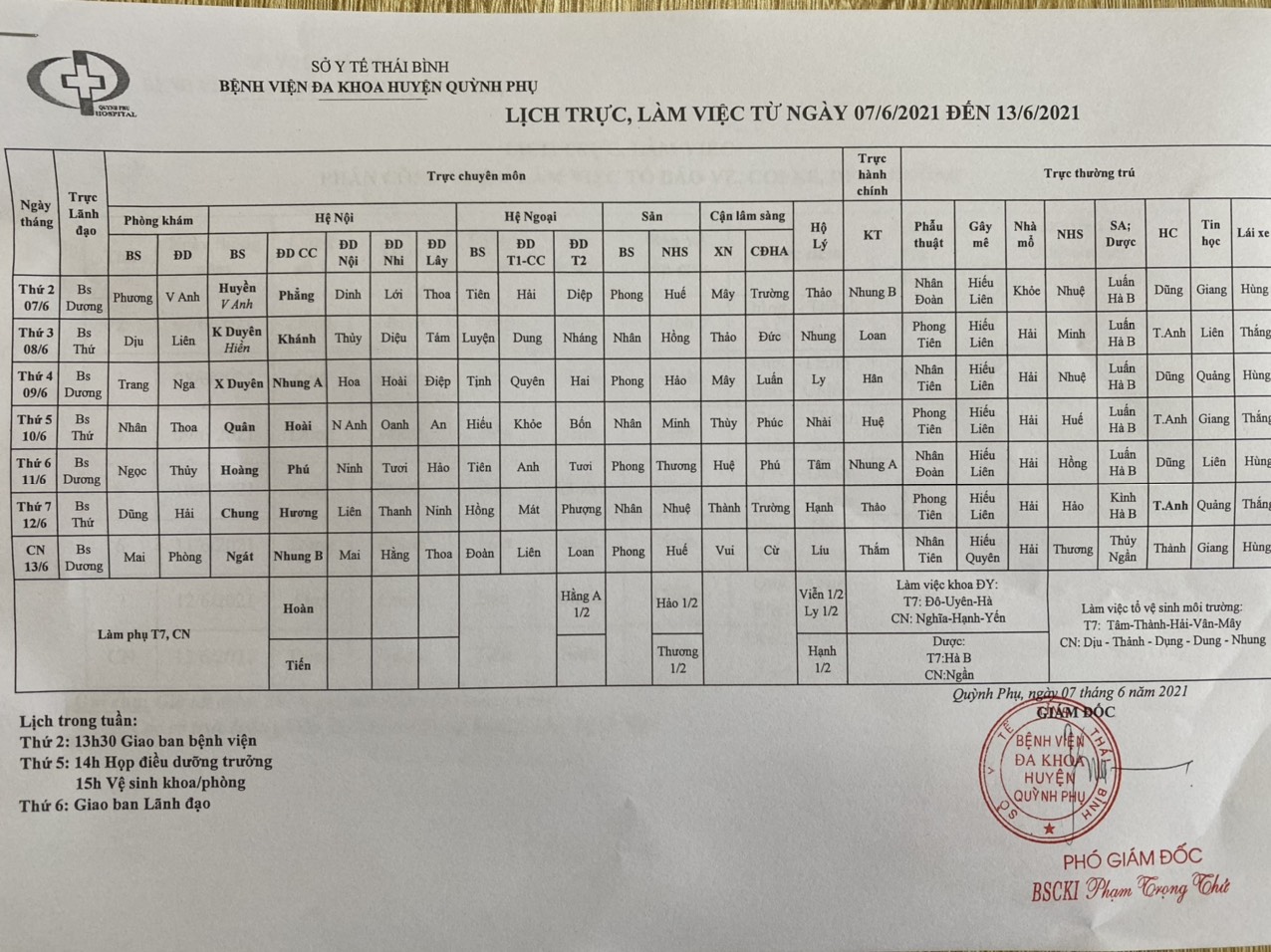 Lịch trực, làm việc từ ngày 07/6/2021 đến ngày 12/6/2021